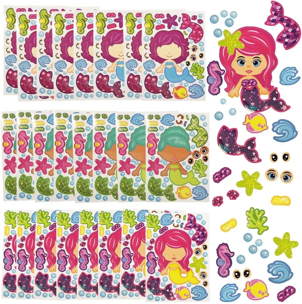 ArtCreativity Make Your Own Mermaid Sticker Set, 24 Sheets, Customizable Mermaid Stickers for Girls, Fun Crafts Classroom Activity, Mermaid Party Favors for Kids, Goodie Bag Fillers, Teacher Reward