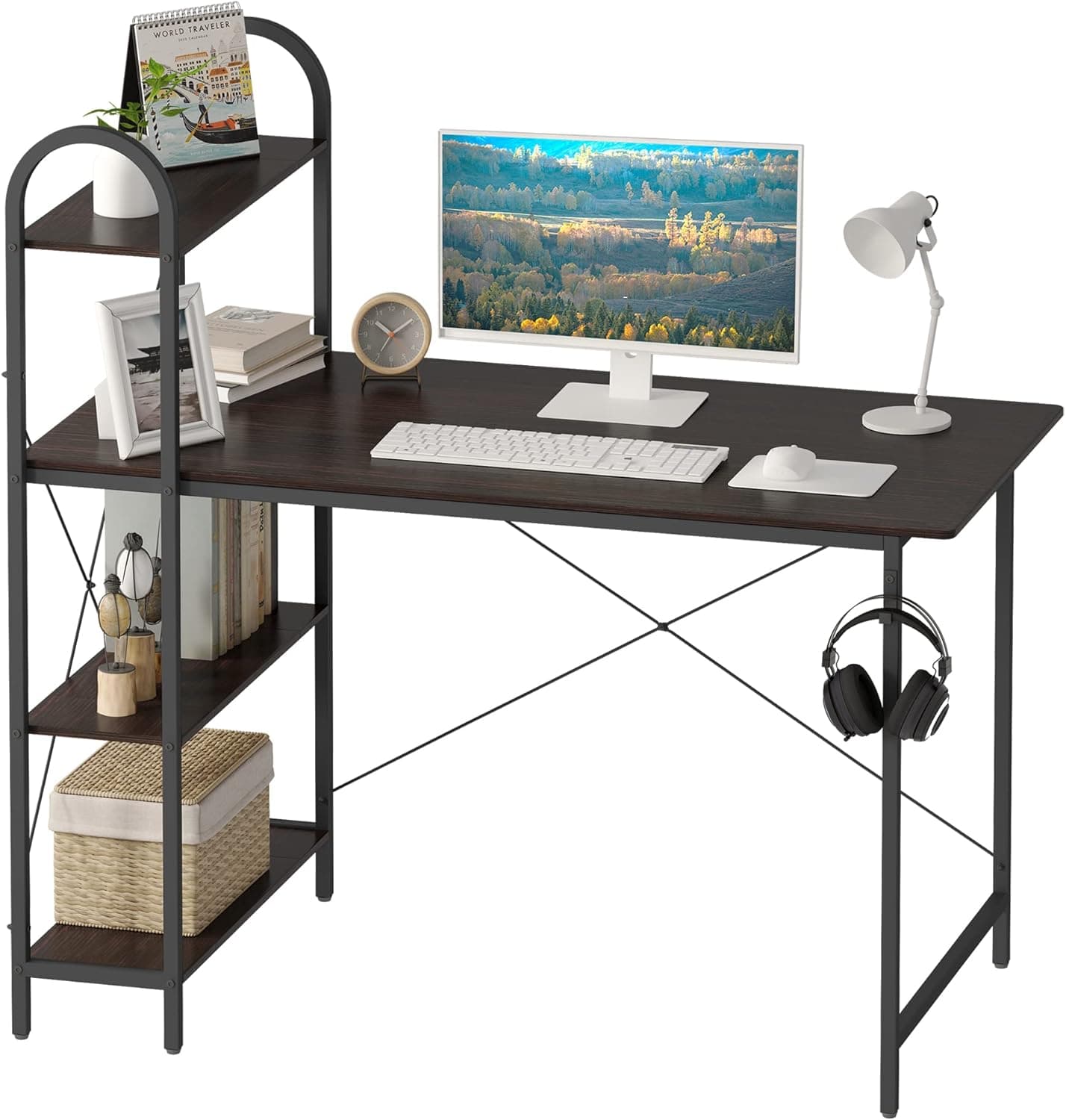 HOME BI Computer Desk with Storage Shelves 47 inch, Reversible Study Writing Table with Adjustable Bookshelf, Mordern Small Desk for Home,Office,Bedroom,Black