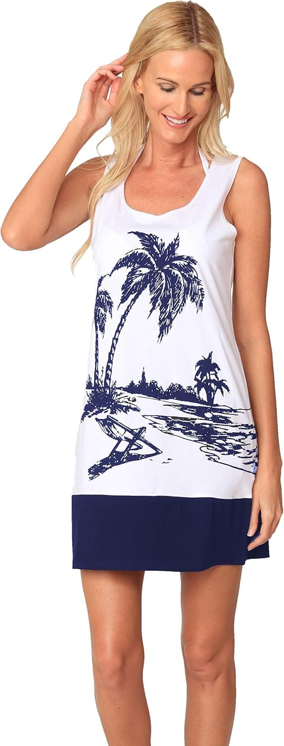 INGEAR Sleeveless Casual Short Sundress Tropical Print Hawaiian A Line Tank Dress
