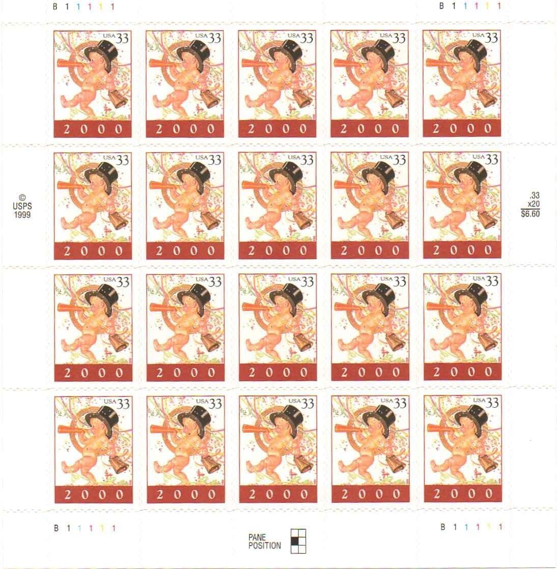 Happy New Year Baby, Full Pane of 20 x 33-Cent Postage Stamps, USA 2000, Scott 3369