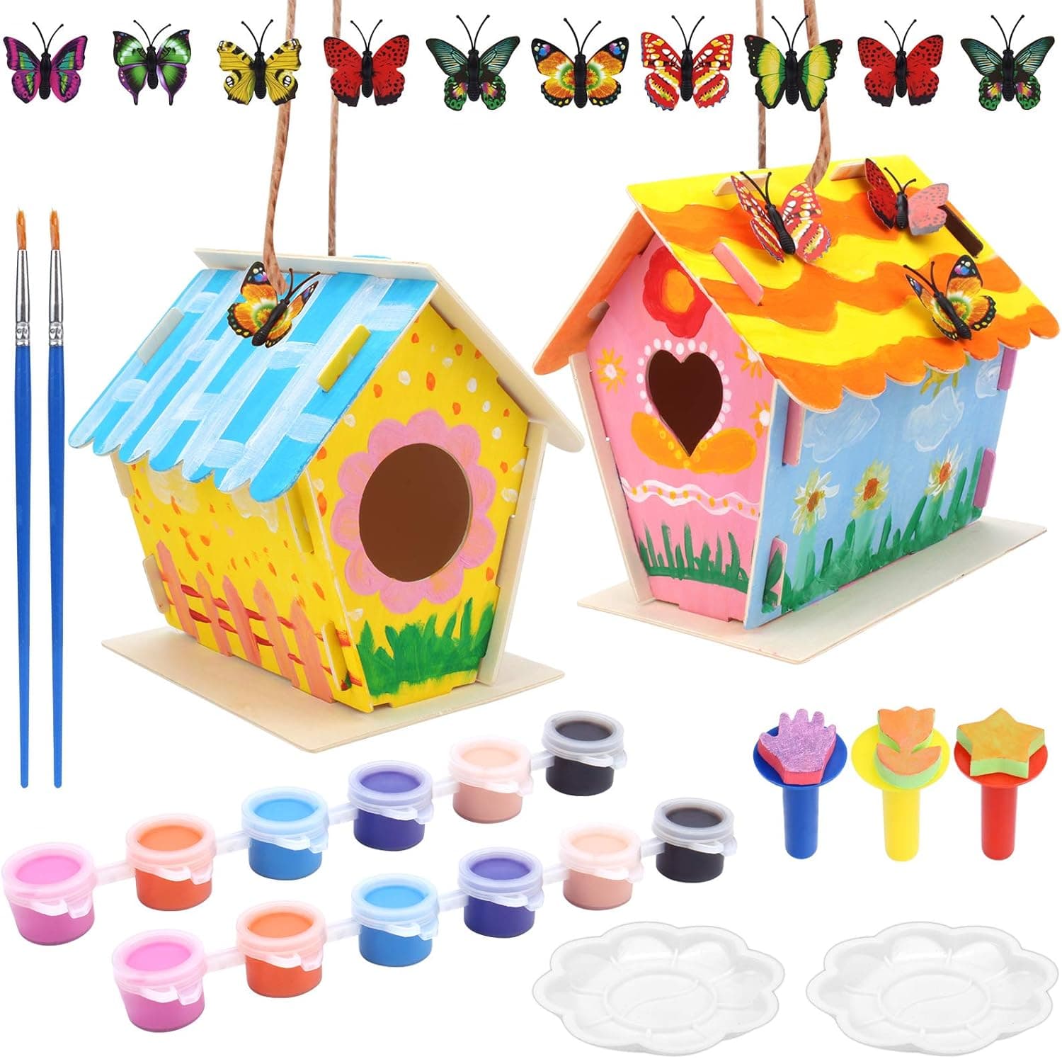 Mukum 21PCS Crafts for Kids Bird House Kit Arts and Crafts Wood DIY Build and Paint Birdhouse Kits for Kids to Build Wooden Bird House Crafts for Boys and Girls