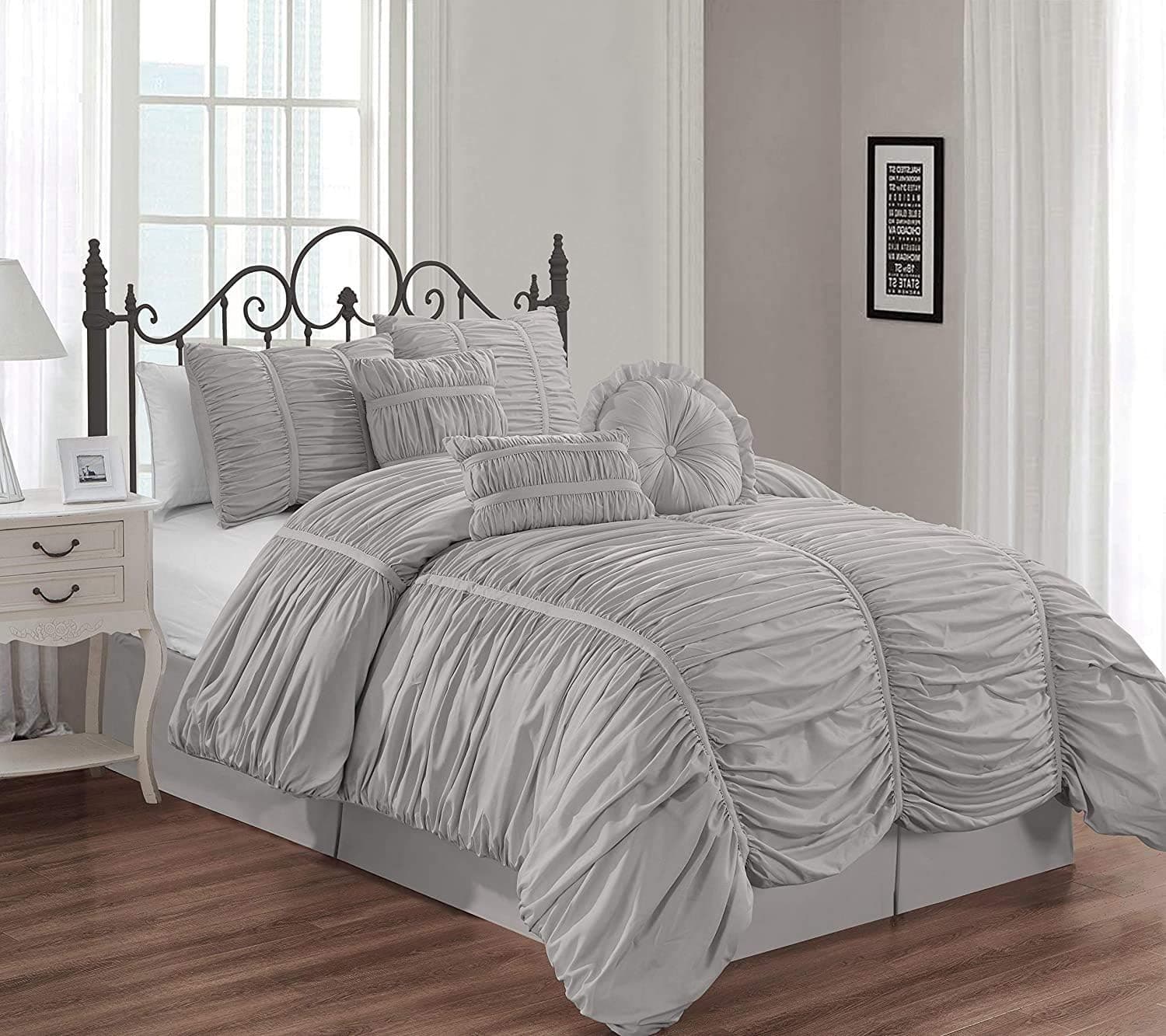 Chezmoi Collection Chic 7-Piece Silver Gray Ruched Ruffle Pleated Comforter Bedding Set, Full Size