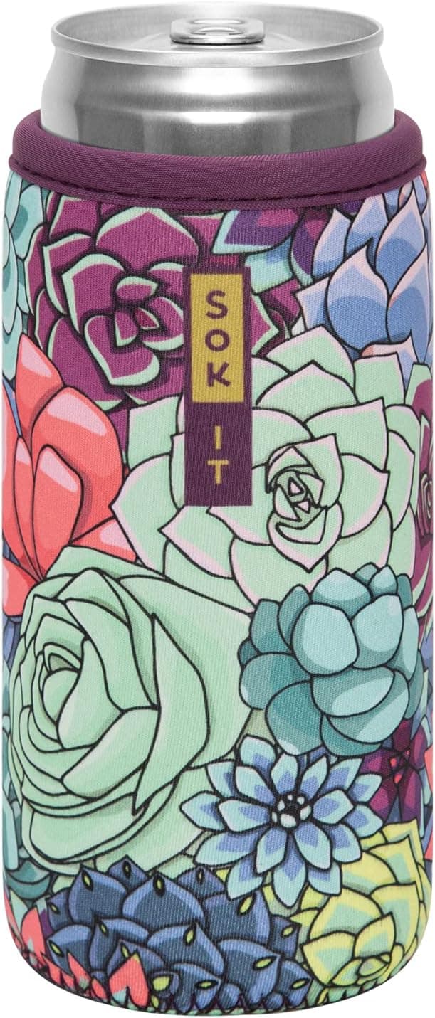 Sok It Can Sok Reusable Neoprene Insulated Sleeve for Can Soda, Pop, Beer, Seltzer (Succulents, 12oz Slim Can Sleeve)