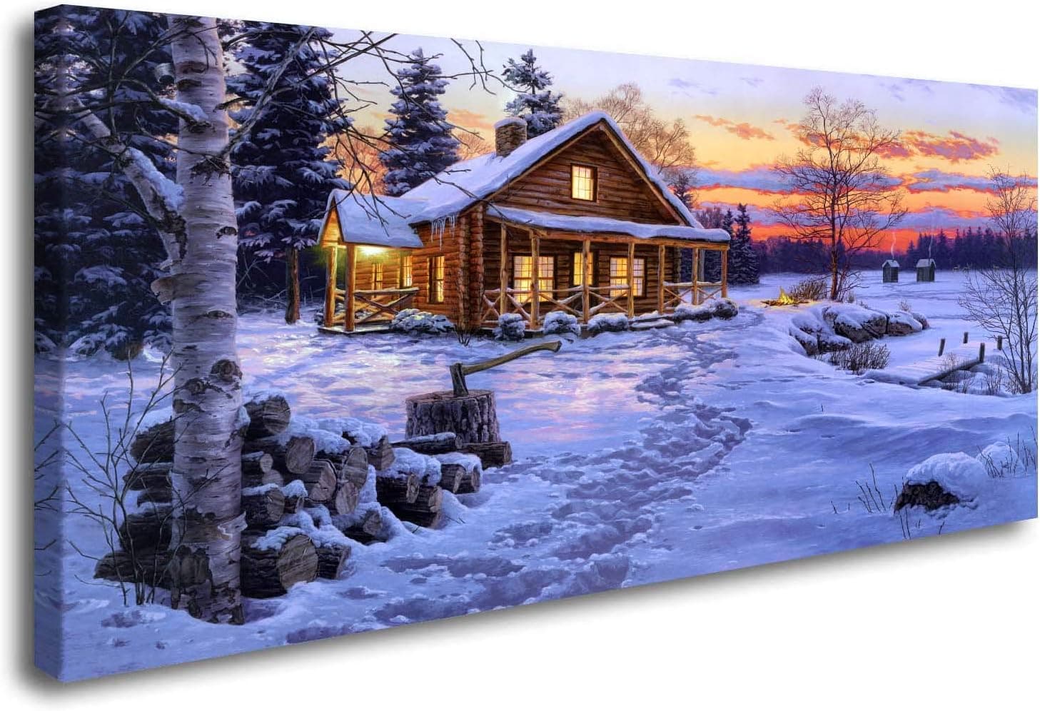 ArtHome520 Blue Winter Rustic Wall Art Home Decor Canvas Printed Oil Painting Cabin Picture Living Dining Room Decorations Fashion Framed (20''x40'')