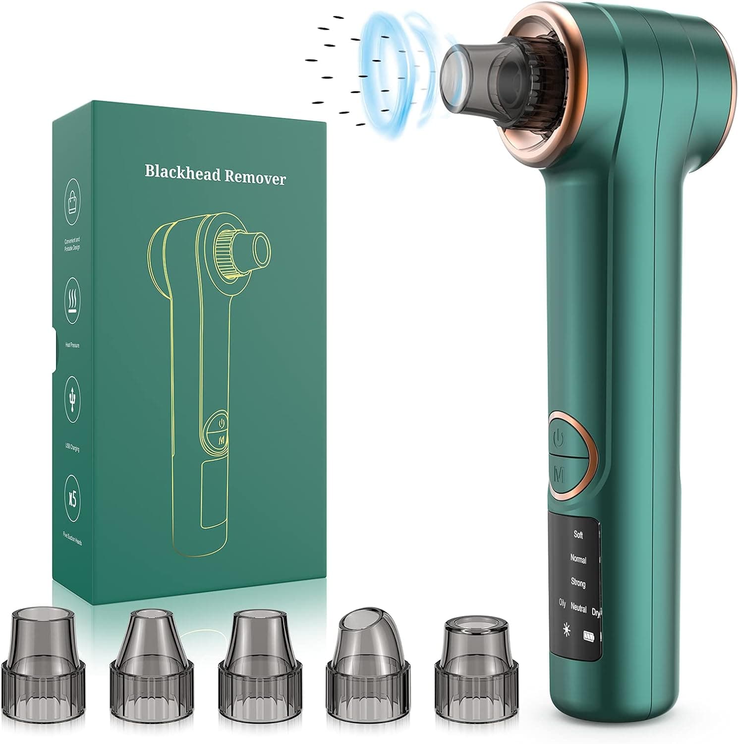 Blackhead Remover Vacuum, Electric Pore Vacuum Pore Cleaner with Hot Compress Mode, USB Rechargeable Black Head Removal Vacuum Extractor Kit Tools with 5 Probes (Dark Green)