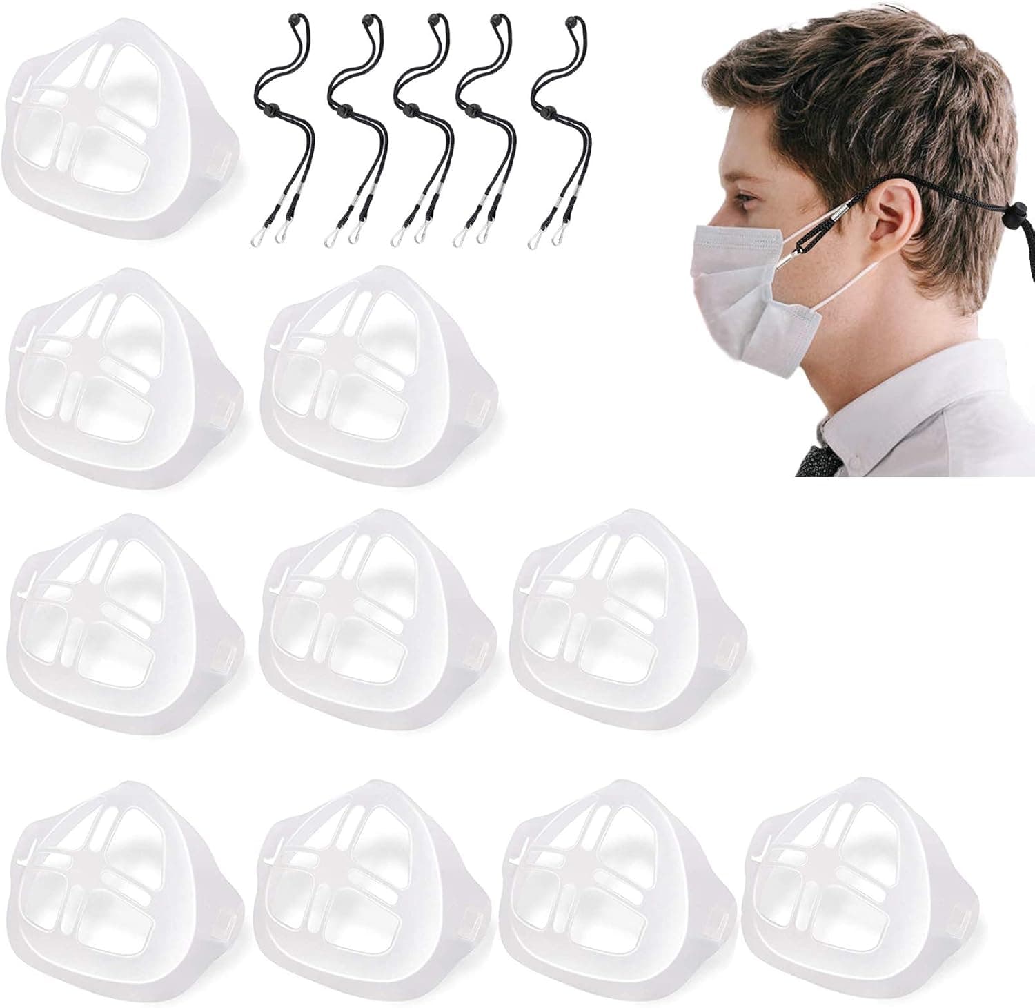 10Pcs 3D Mask Bracket with 5Pcs Adjustable Length Mask Bracket Lanyard, Inner Support Frame Made Of Soft Silicone Face Holder For Comfortable Breathing,Around The Neck Facemask Rest - Easy On & Off