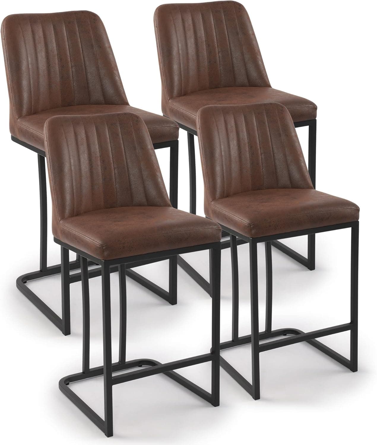 LSSPAID Bar Stools Set of 4, Upholstered Fabric Counter Height Bar Stool, 24.8 inch Kitchen Island Bar Chairs, Black Metal Leg Barstools, Brown
