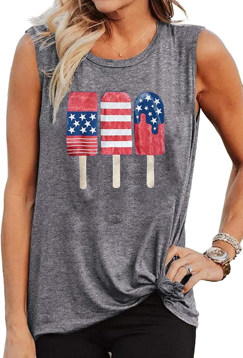 Woffccrd Womens American Flag Popsicle Tank Tops Sleeveless 4th of July Funny Graphic Tee Tank Tops