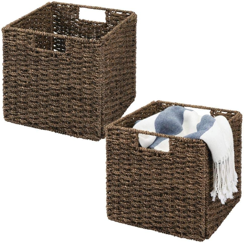 mDesign Natural Woven Seagrass Closet Storage Organizer Basket Bin - Collapsible - for Cube Furniture Shelving in Closet, Bedroom, Bathroom, Entryway, Office - 10.5" High, 2 Pack - Chestnut Brown