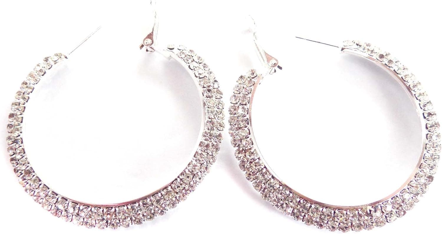 Crystal Hoop Earrings 2 Inch Double Crystal Row Hoop Earrings Silver Tone Hoops