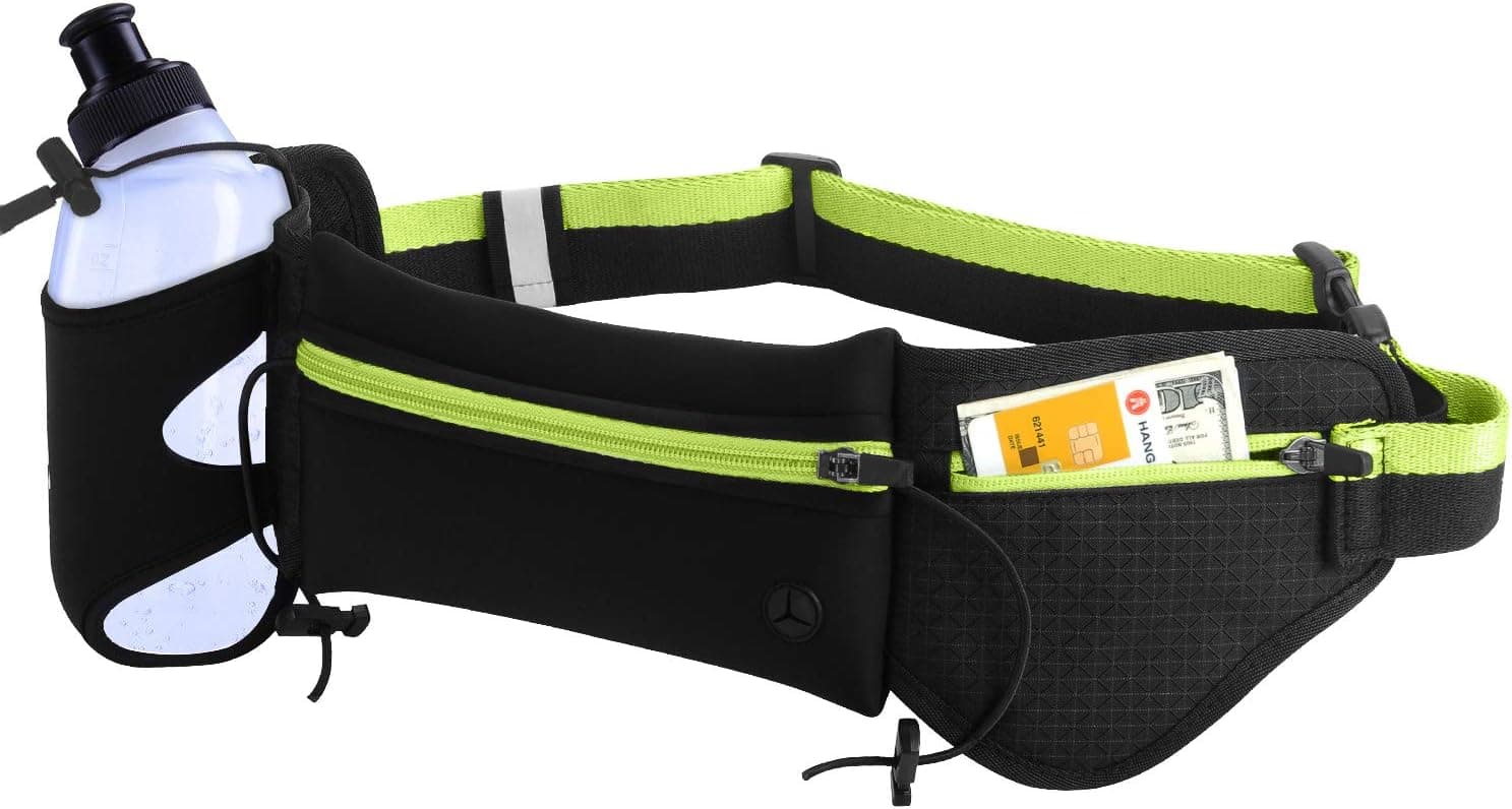 Running Belt with Water Bottle Holder-Waterproof Waist Pack for Men&Women- Large Pocket Fanny Pack Fits 6 inches Smartphones iPhone Samsung and Huawei