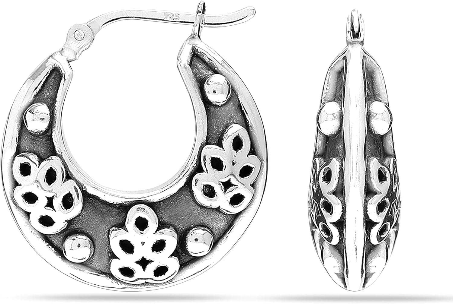 LeCalla Sterling Silver Jewelry Light-Weight Click-Top Antique Filigree Hoop Earrings for Women
