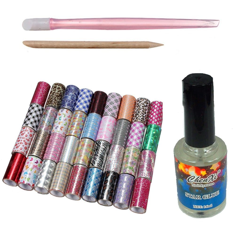 BTArtbox Newest 2014 Designs Good Quality 36 Different Designs Glitter Nail Art Foil Transfer with Adhesive DIY Set