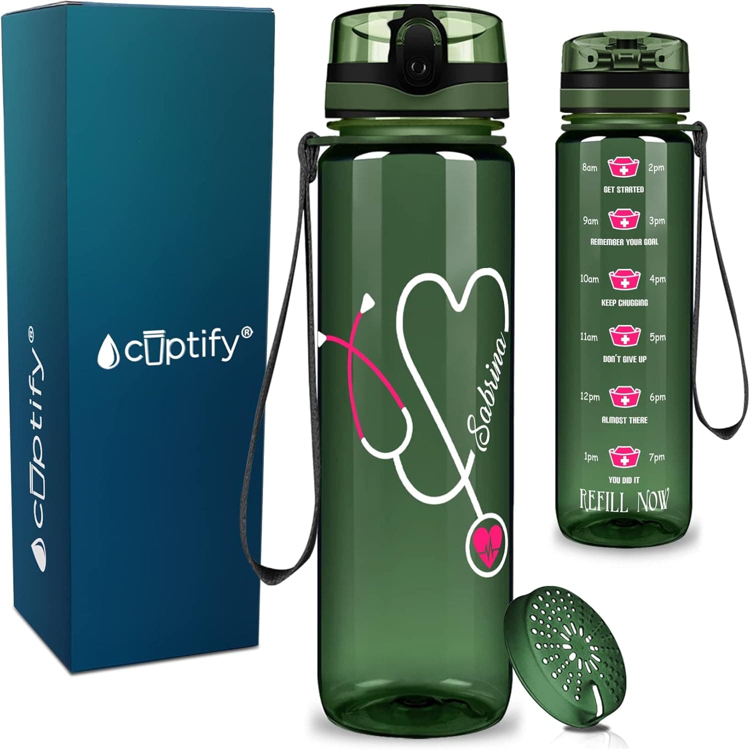 Personalized Nurse Pink Stethoscope Heart on Army Green Gloss 32 oz 1 Liter Motivational Tracking Water Bottle with Time Marker Gift for Nurses RN
