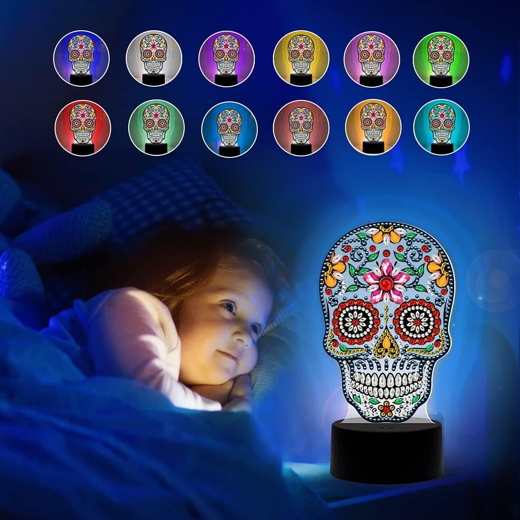 Halloween Skull Night Light for Kids, 5D Diamond Painting Night-Light, 7-Color Changing Night Lights for Bedroom, Living Room and Office, USB Rechargeable & Battery Powered