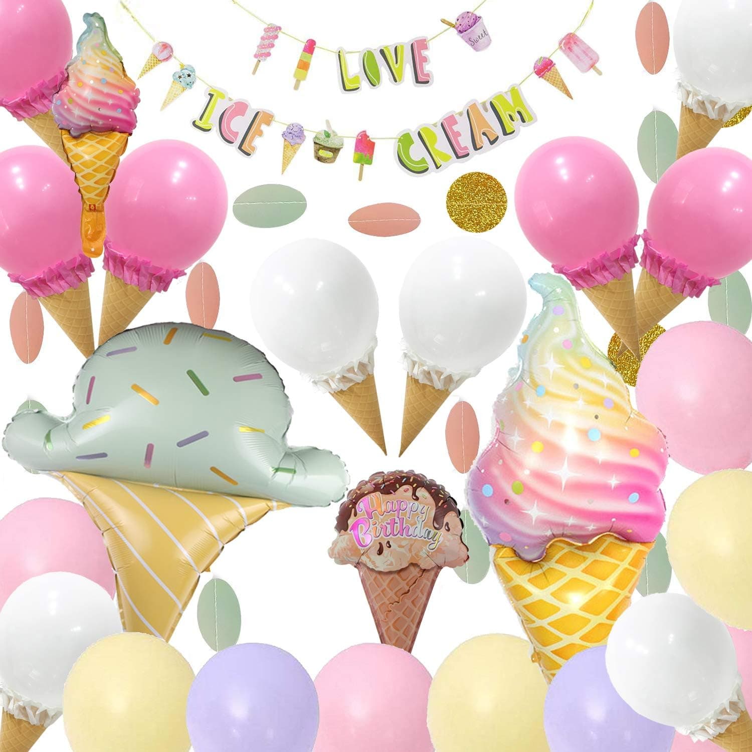 Ice Cream Party Decorations - 62Pcs,Ice Cream Party Supplies with Ice Cream Banner,DIY Ice Cream Balloons,Ice Cream Mylar Balloons,Pastel Balloons for Summer Girls Kids Birthday Party Baby Show Decorations