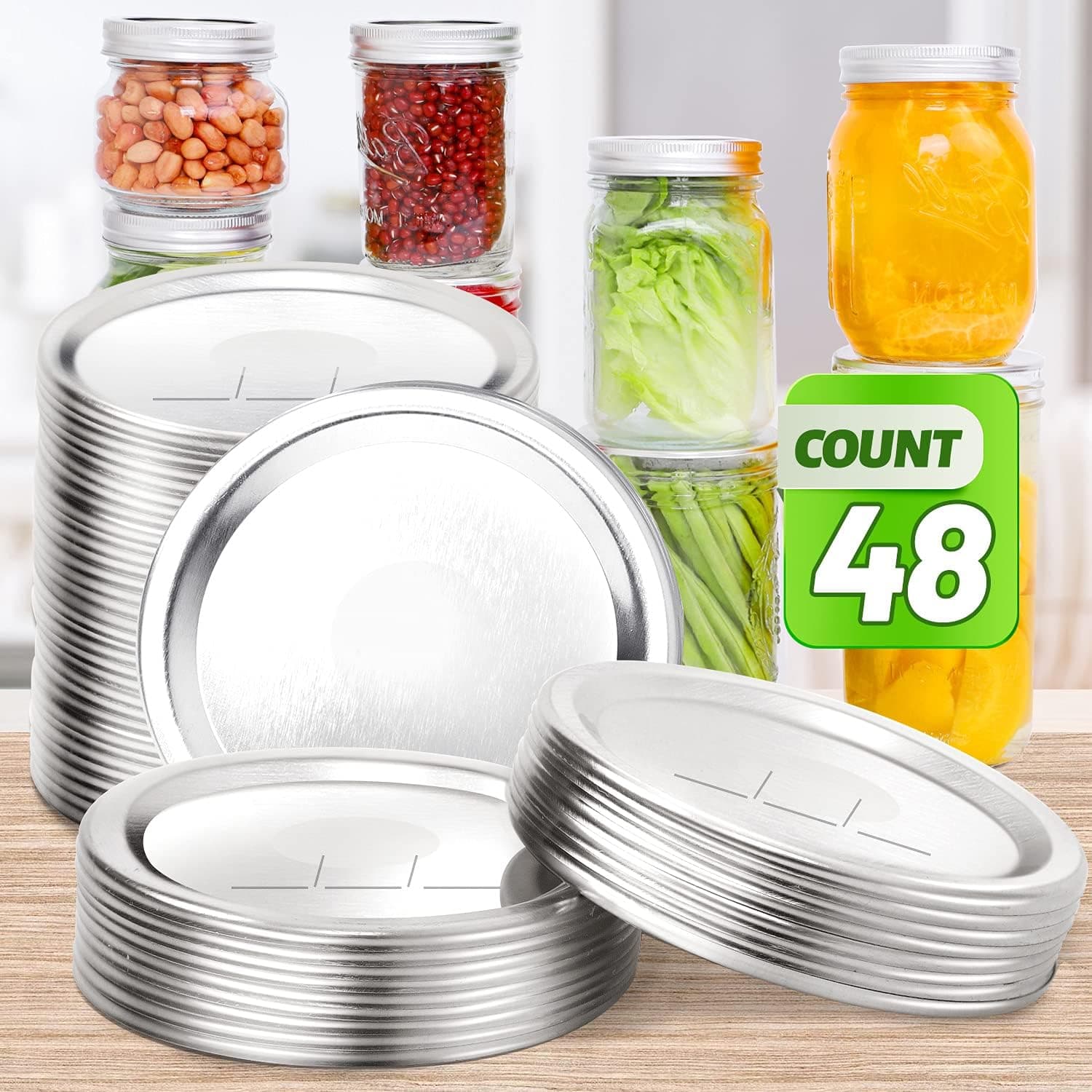 48 PCS Regular Mouth Canning Lids，VEHHE 70MM Mason Jar Canning Lids,Stainless Steel Canning Jar Lids for Mason Ball Kerr Jars,Leak Proof Split-Type Lids with Silicone Seals Rings (Silver)