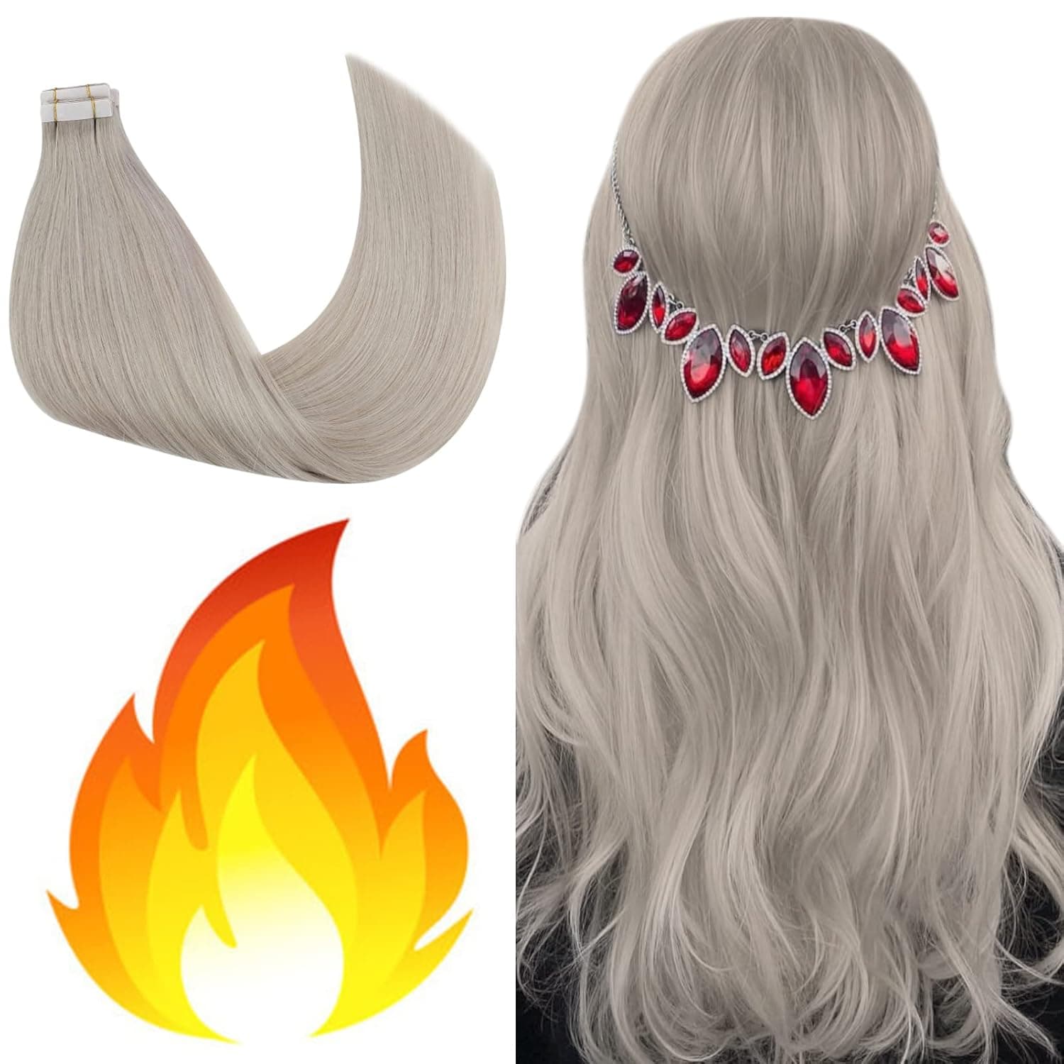 YoungSee Tape in Grey Hair Extensions 24inch Remy Hair Extensions Tape in Human Hair Grey 10Pcs 25G invisible Skin Weft Tape in Hair Extensions Human Hair Grey Tape in Hair Extensions
