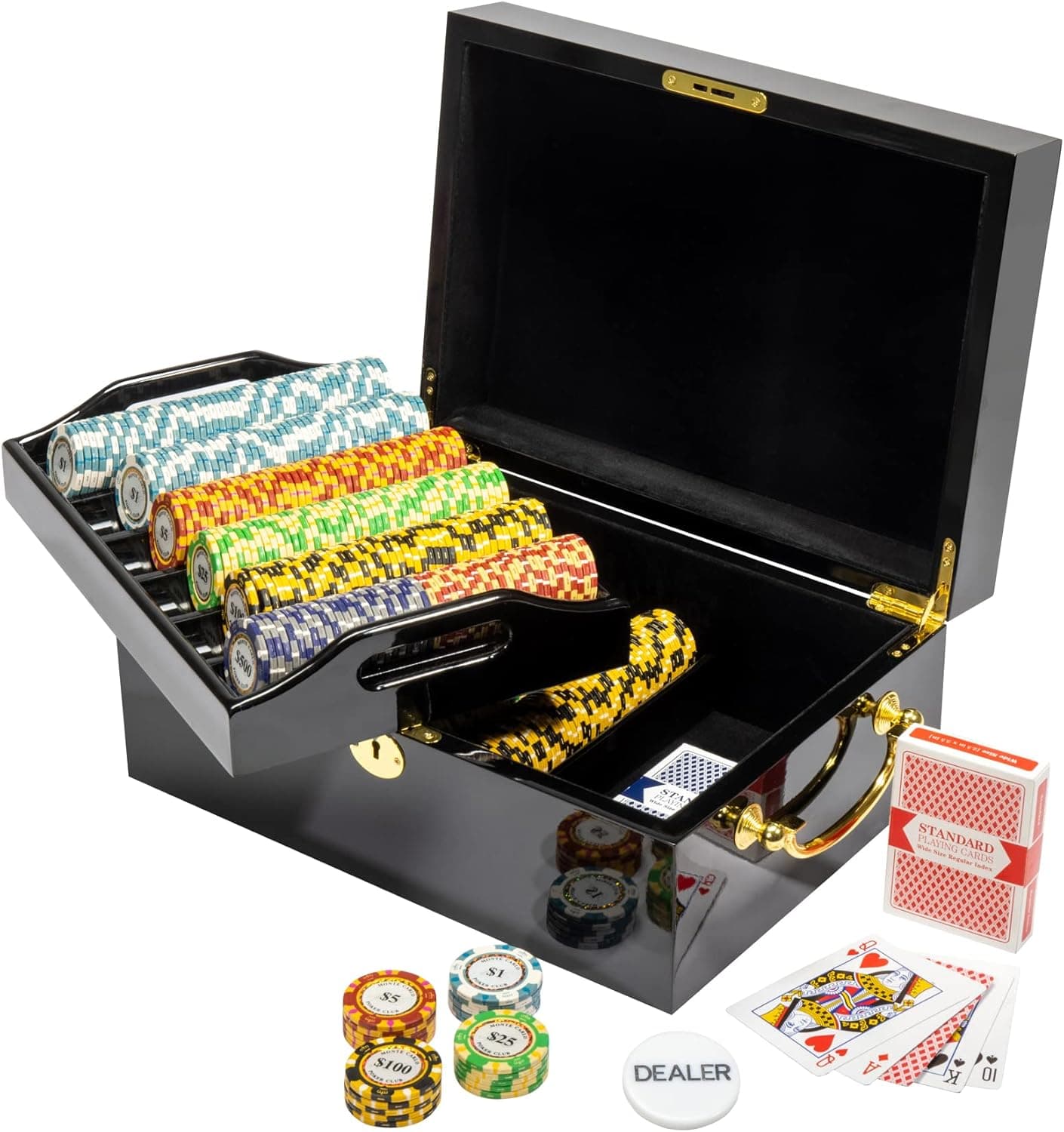 MBGBrybelly Monte Carlo Poker Chip Set in Deluxe Wood Carry Case - Casino Clay Composite 14-Gram Quality Poker Chips - Heavy-Duty Premium Protection - Locking Portable Case (500 ct Mahogany)