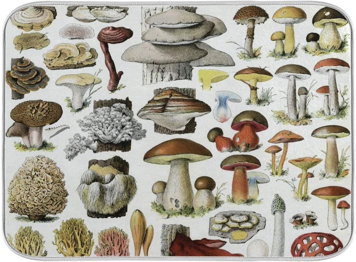 Vintage Mushroom Dish Drying Mats for Kitchen Counter Heat Resistant and Environmentally Friendly Dinnerware Protective Pad 18 x 24 Inch