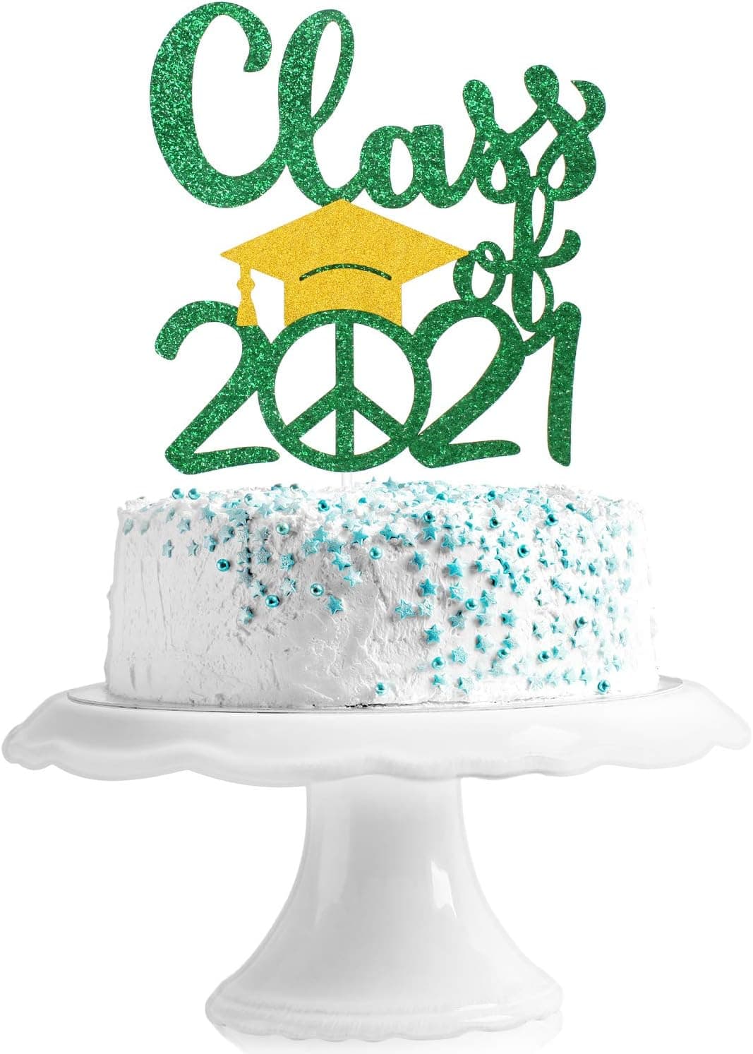 Class Of 2021 Peace Graduation Cake Topper - Senior 2021 Green Glitter Grad Cap Cake Supplies - Congrats Grad College Master Graduation Party Decoration