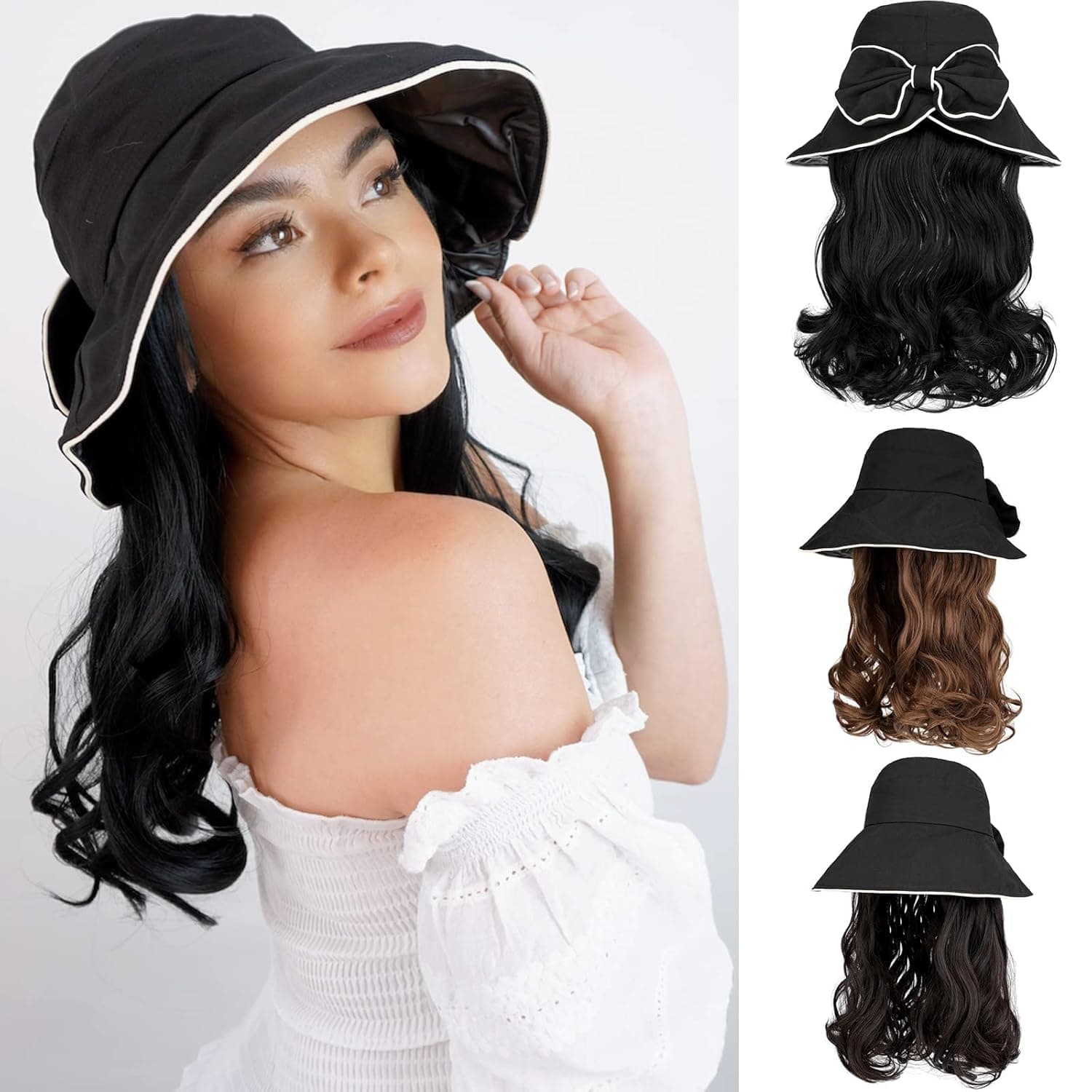 Qlenkay Sun Hat with 18'' Long Wavy Hair Extension Wide Brim Bucket Hat Bow Attached Curly Synthetic Hairpiece Adjustable Chin Strap Cap Wig for Women Dark Black