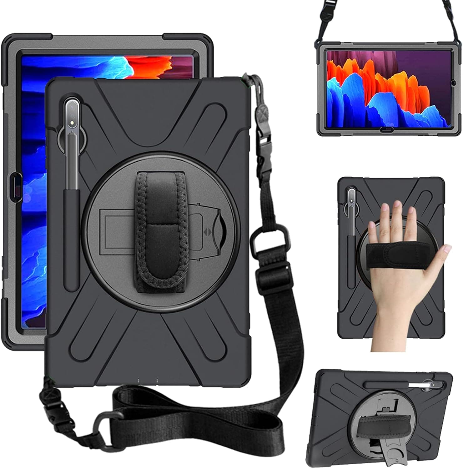 ZenRich Galaxy Tab S8 Plus / S7 Plus Case 2022/2020, Samsung Tab S8+/S7+ 12.4 inch Case with S Pen Holder zenrich Case with Screen Protector Stand Hand Strap Shoulder Belt-Black
