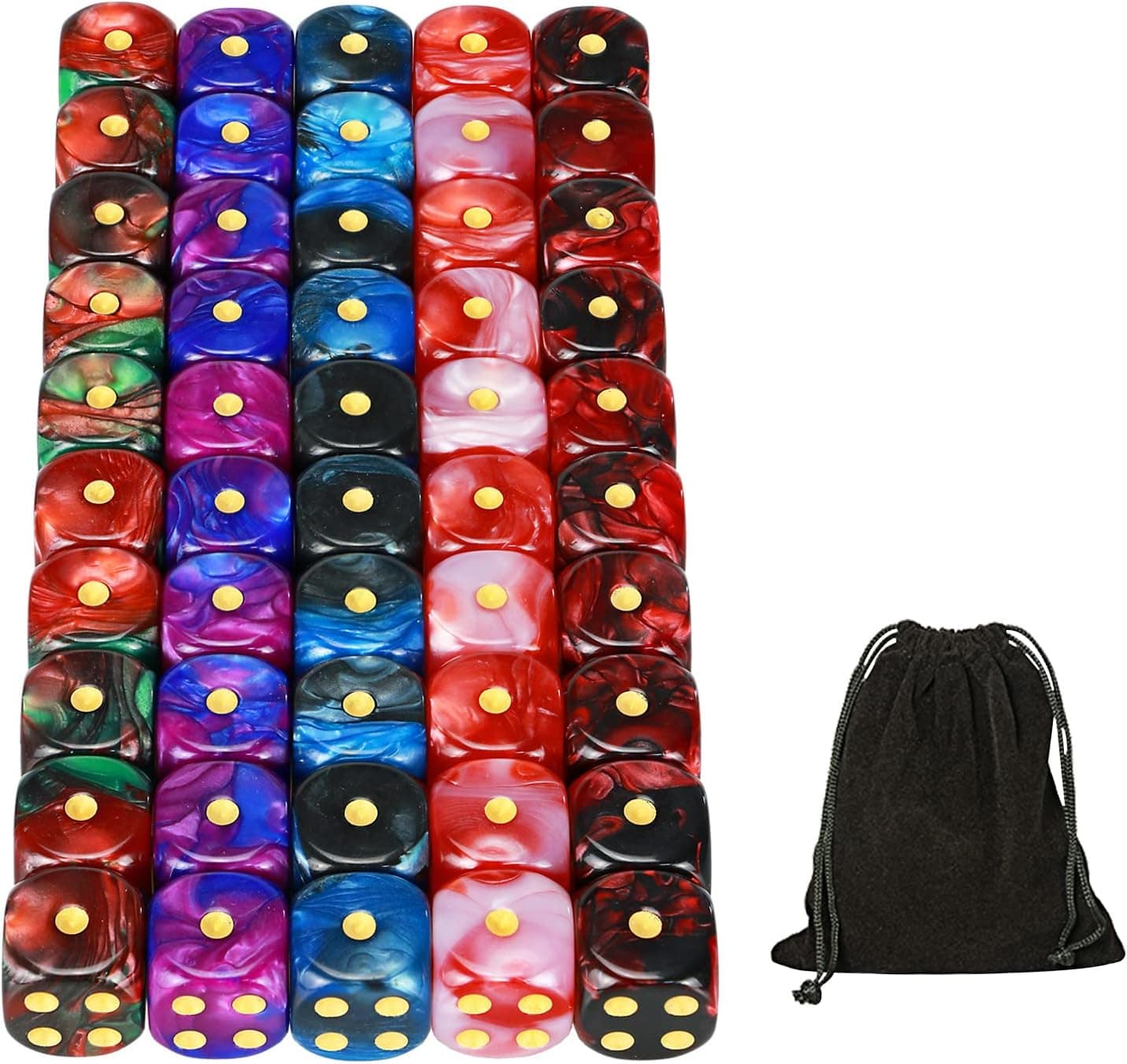 YOUSHARES 50 Pack D6 Game Dice Set with Pouch - 16mm Two Color 6 Sided Dice, Perfect Table Games Dice for Tenzi, Yahtzee, DND MTG RPG War Games