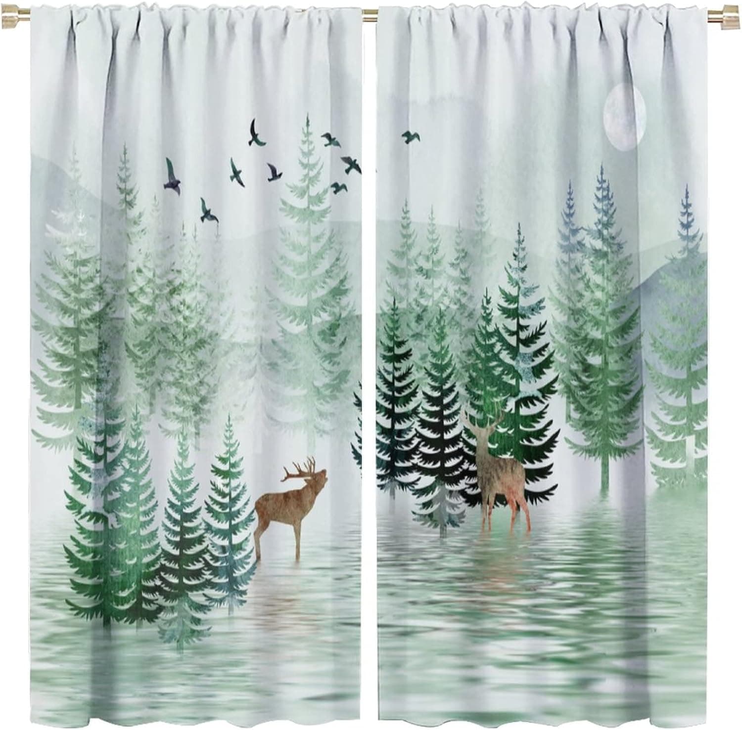 Nature Forest Landscape Curtains Rustic Watercolor Pine Tree Bird Forest Wildlife Deer Rod Pocket Blackout Window Drapes 2 Panels Set for Bedroom Living Room Decor 52x84in