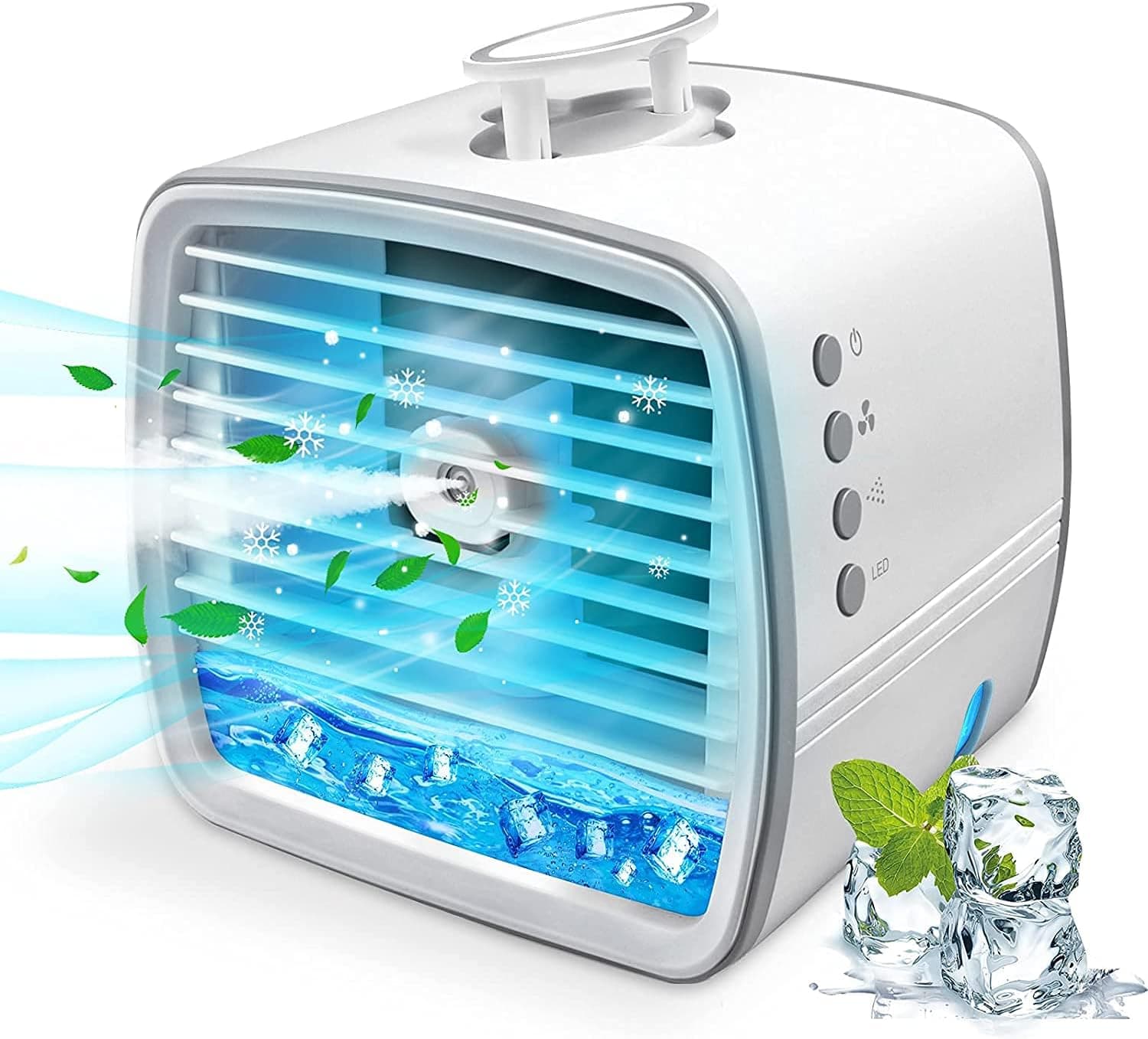 Portable Air Conditioner, Personal Air Cooler Mini Evaporative Fan, Small Space Air Conditioner with Hidden Handle, 3 Wind Speeds, 3 Spray Modes and 7 Night Lights for Room, Bedroom, Office and Travel