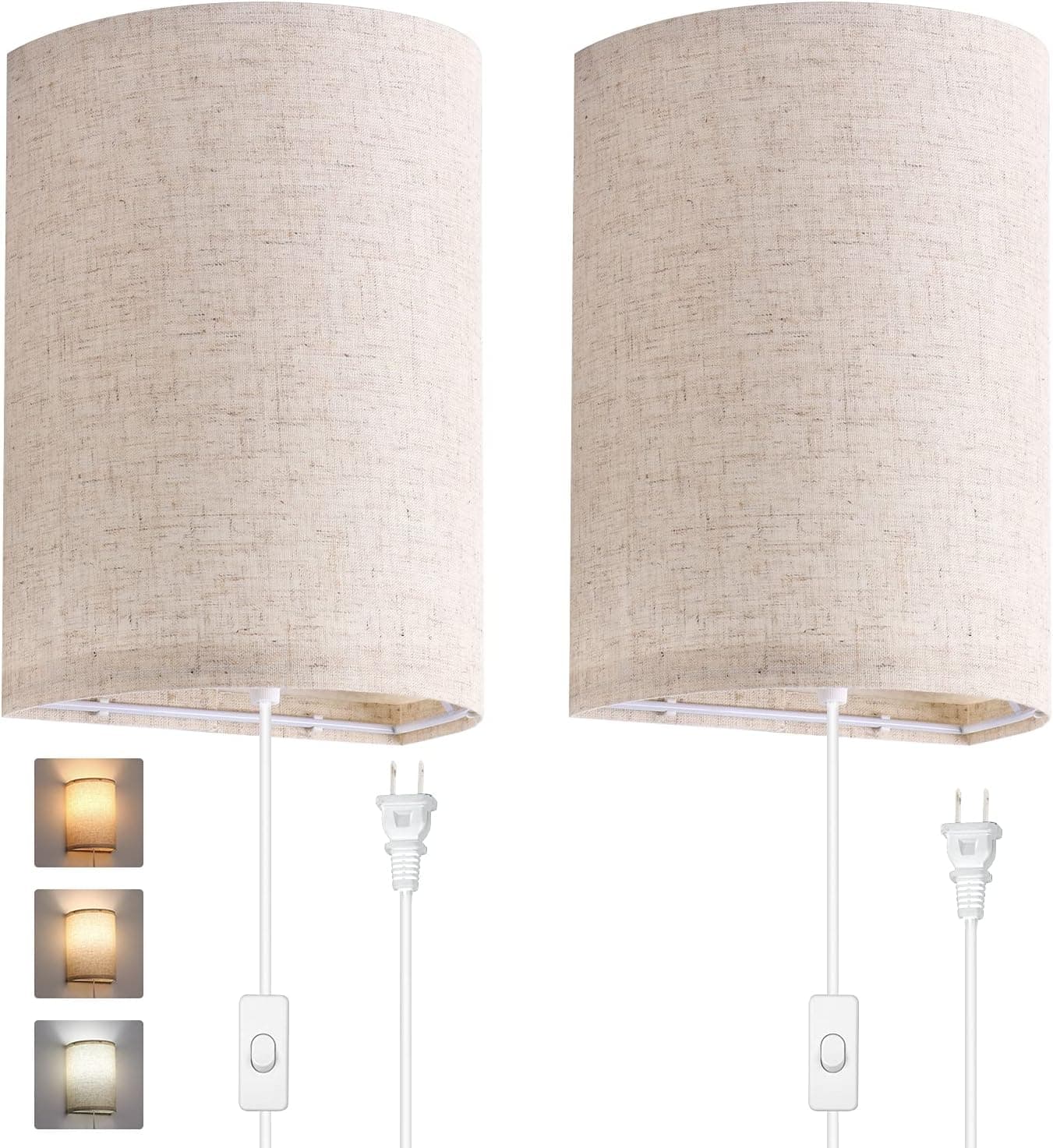 Wall Sconces Set of Two,Plug in Wall Sconces,Wall Lamp with Plug in Cord and On/Off Switch,3 Color Temperature 2700K--5000K,Wall Lights for Bedroom Living Room,Fabric Linen Shade,No Wiring Required