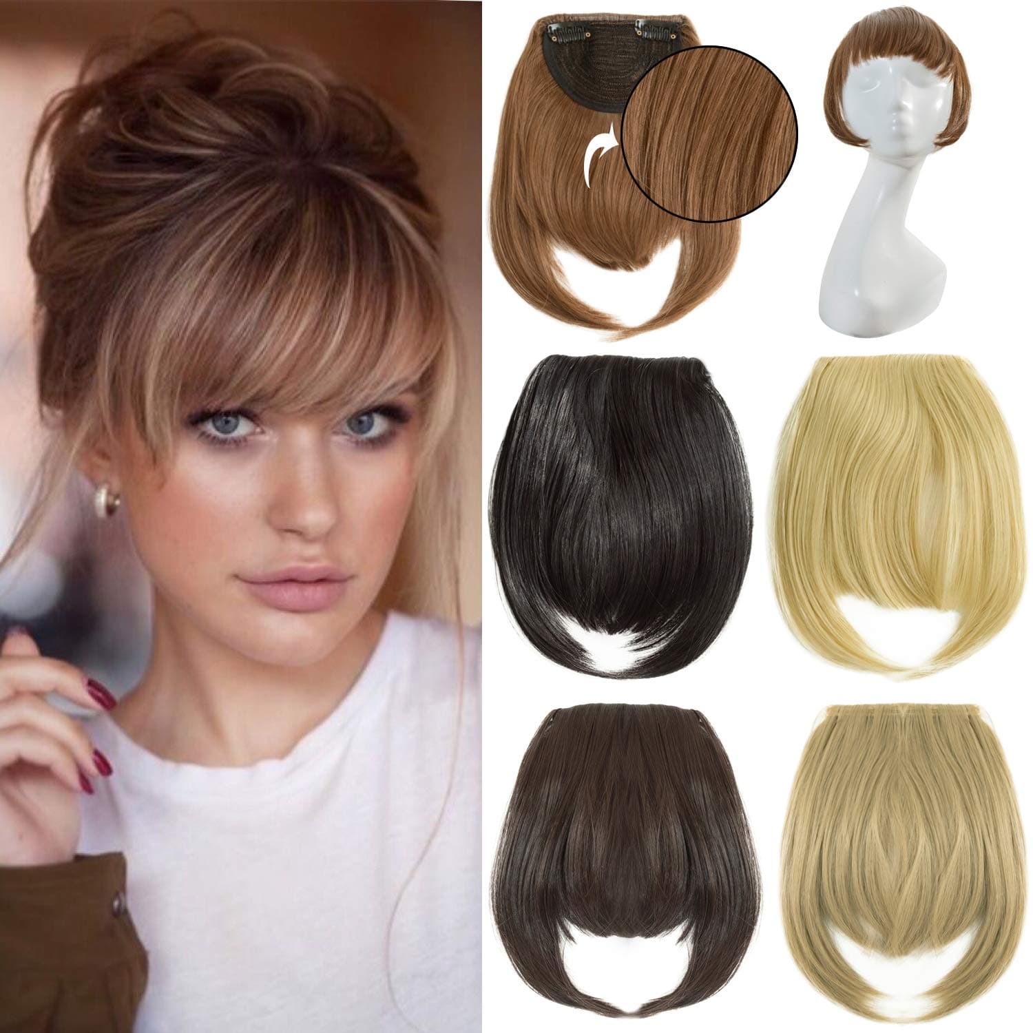 Lansigreen Fringe Bangs Hair Extensions 7" One Piece Clip in Bangs Straight Cute Hairpiece Thick Front Neat Bang with Temples (onesize,Black Brown)