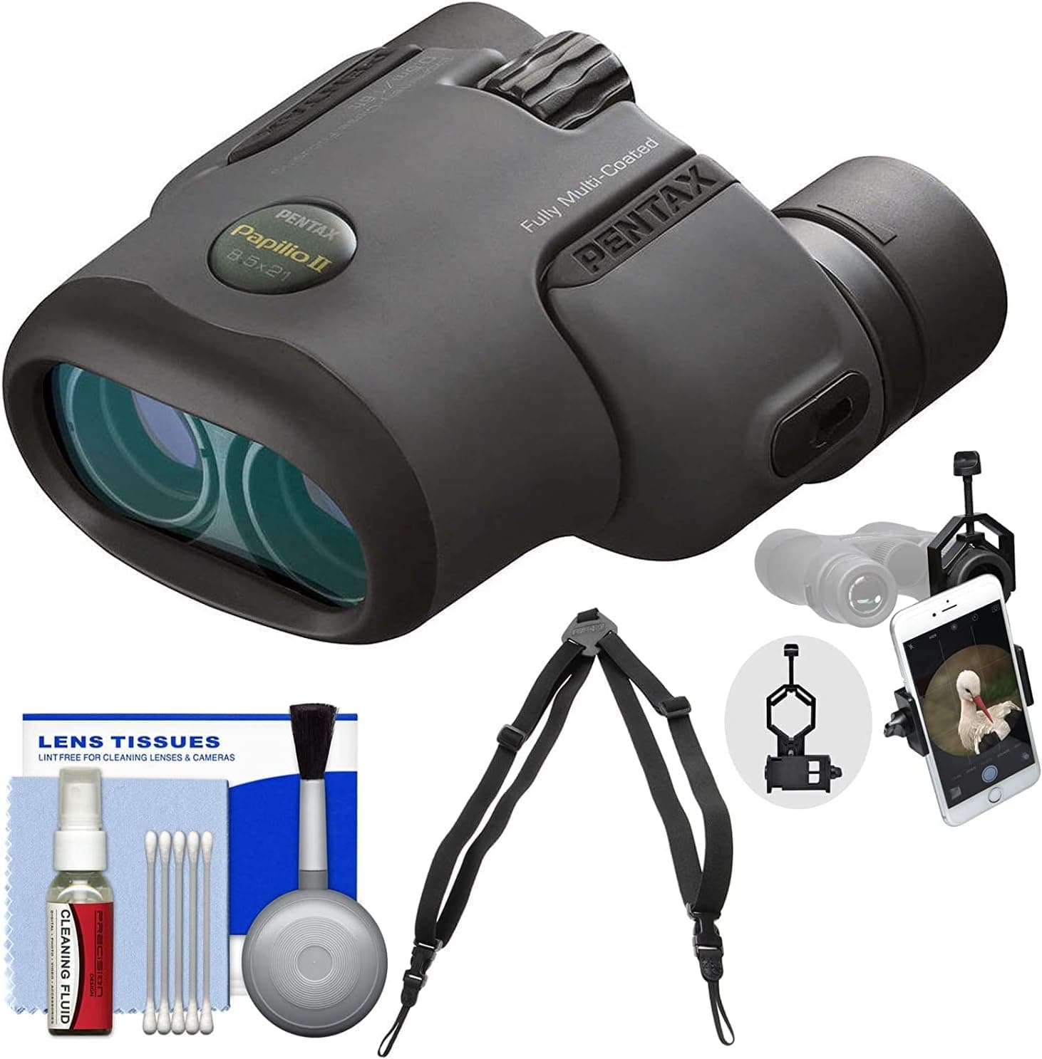 Pentax Papilio II 8.5x21 Binoculars with Harness Strap + Smartphone Adapter + Cleaning Kit