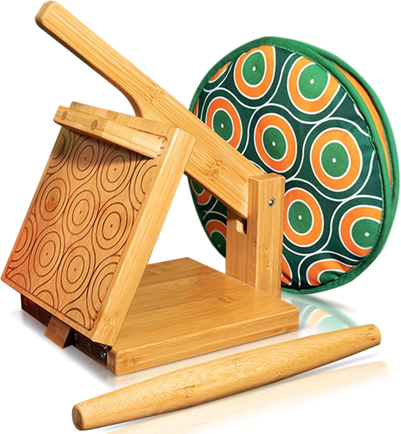 ALMAJUA Wooden Tortilla Press Maker - 8 Inch - Tortilla Warmer & Rolling Pin Included - Maquina para hacer tortillas de maiz - Tortilla Press Wood - Flour Wood Tortilla Press - Tortilla Press Wooden