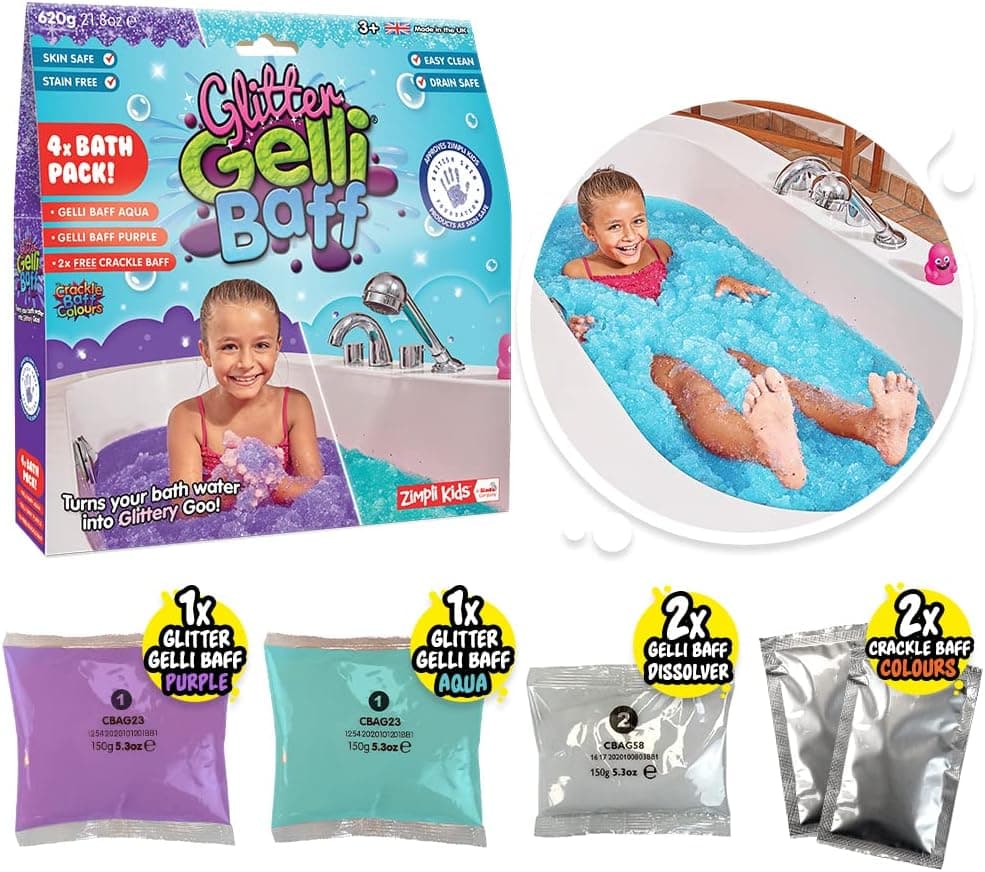 Glitter Gelli Baff Purple & Aqua from Zimpli Kids, 2 Bath Pack, Turns Water into Thick, Colourful goo, Early Years Educational Science Goo Making Kit, Fidget Toy (6614)