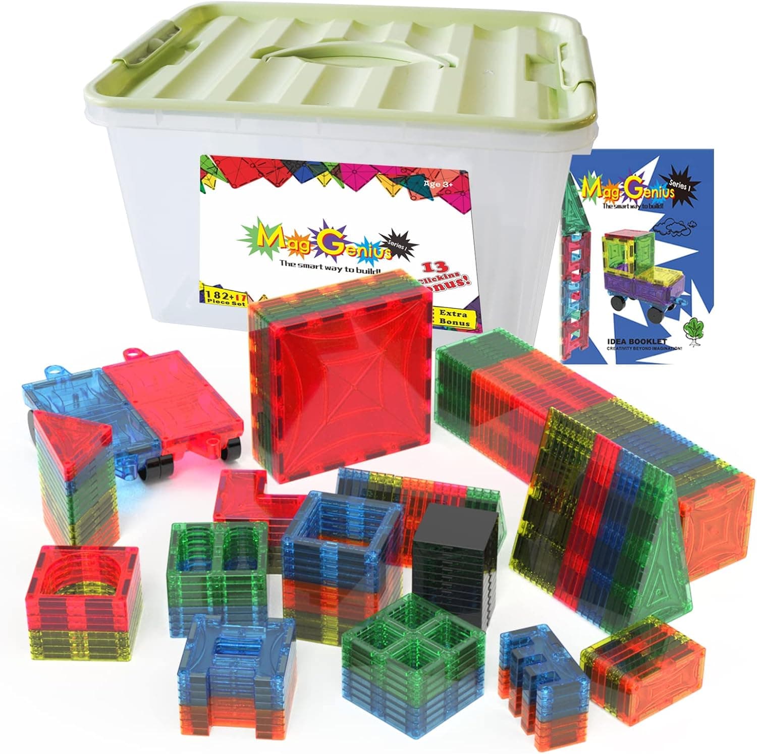 Mag Genius Magnet Tiles - Clear Magnetic 3D Building Blocks - Educational Toys, Games, Activities, Puzzles - Creativity, Motor Skills, Learning Shapes - Storage Bin, 2 Car Base, 182pcs, 17 Click-Ins