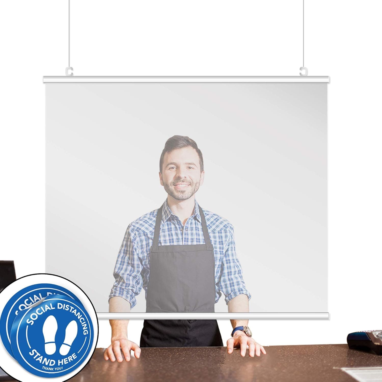 Pixelverse Design 30 W x 36 H - Hanging Sneeze Guard Countertop Shield - Portable Plastic Acrylic Cough Protection Barrier - Employee Cashier Transaction Safety (version 2)