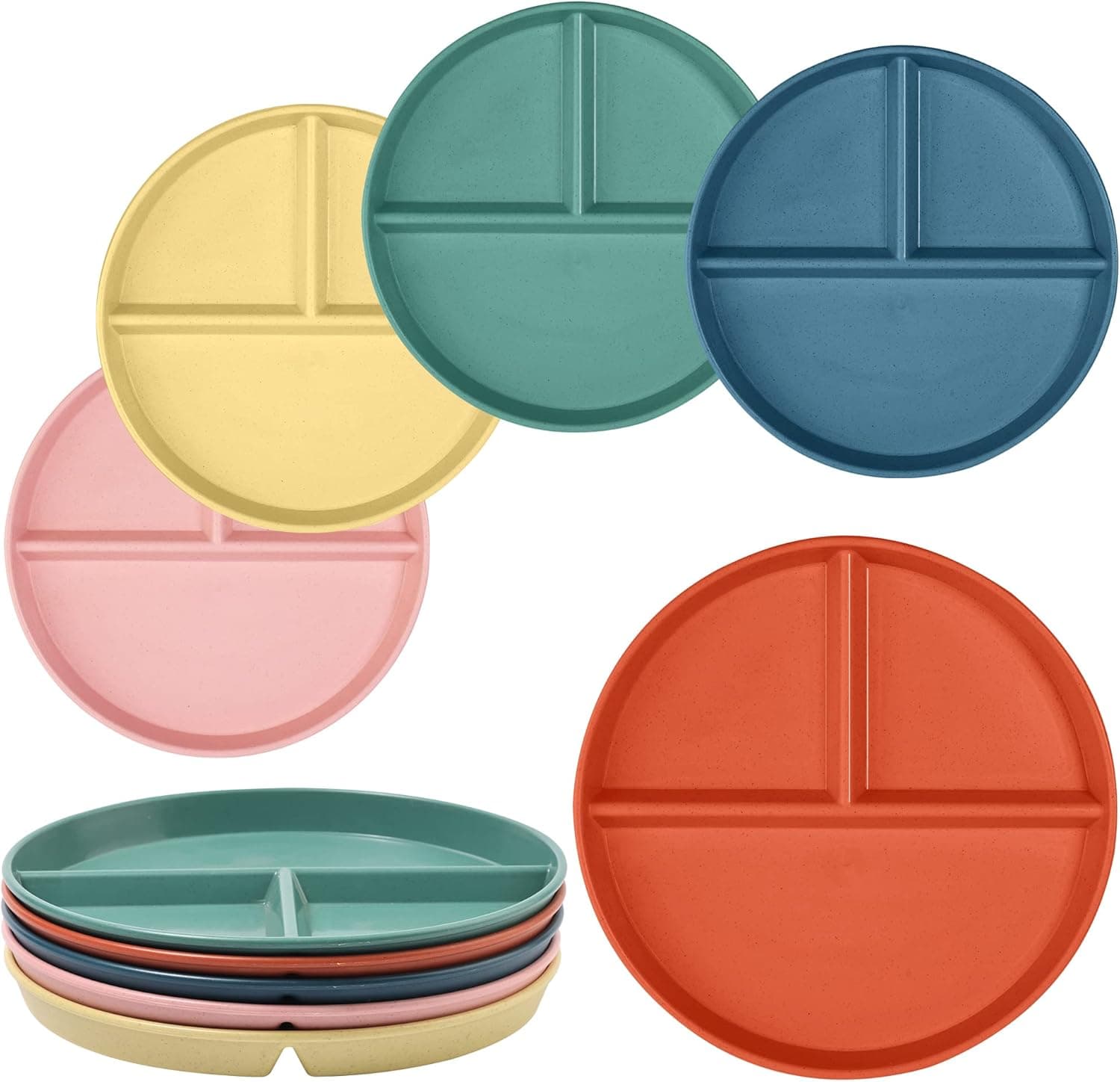 DYB DONGYONGBAO Portion Control Plates 9Inch 5PS， Round Divided Plates for Adults，3 Compartment Plates Plastic Reusable,Microwave And Dishwasher Safe…