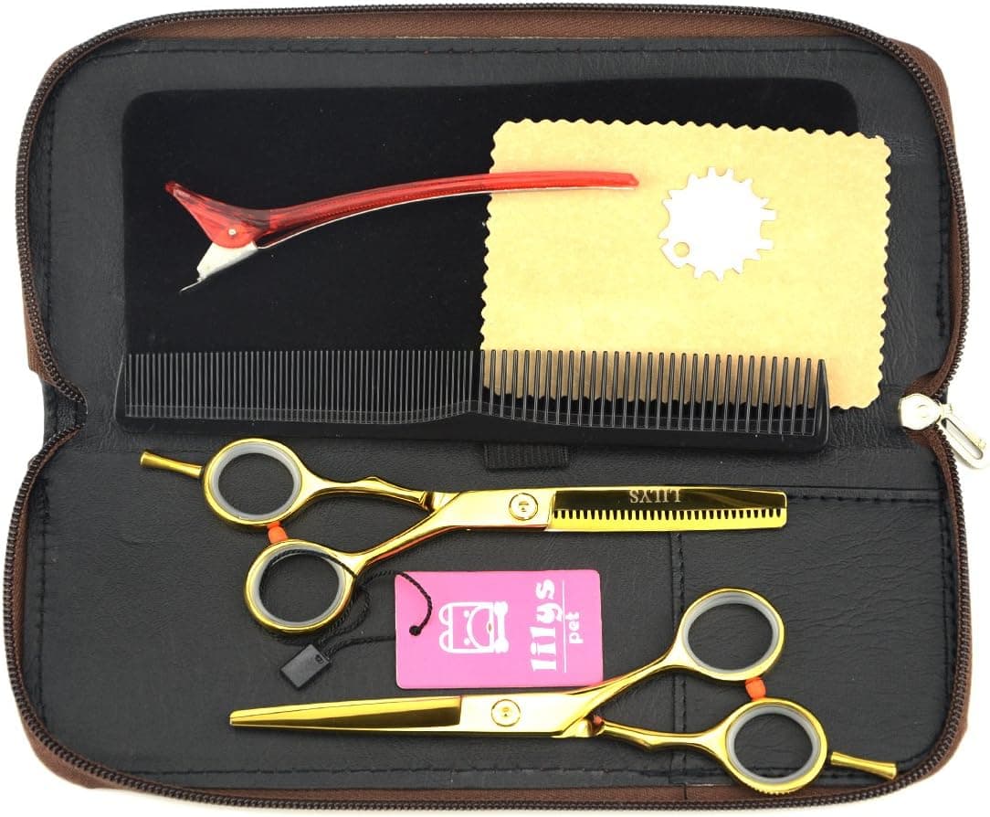 LILYS PET 5.5" Professional Barber Razor Edge Hair Cutting Shears set,Titanium Hairdressing Scissors and Hair Thinning Scissors/Shear Set+ Free Rexine Scissors Case (Gold)
