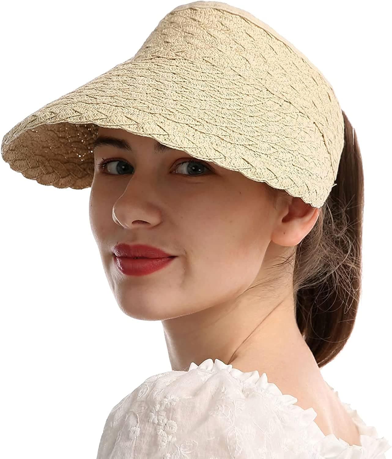 woogwin Straw Sun Visors Hats for Women Wide Brim Roll-up Summer Beach UV Protection Golf Tennis Travel Caps(Beige)