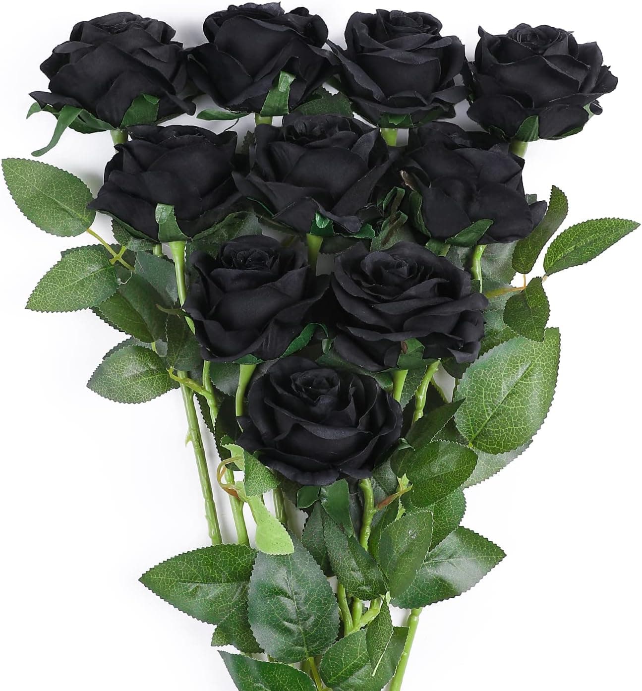 JUSTOYOU 10 PCS Halloween Black Flower, Artificial Roses Flowers, Realistic Blossom Roses, Real Touch Silk Rose, Single Fake Flower Long Stem Bouquets for Home Decor Wedding Party (10Pcs, Black)