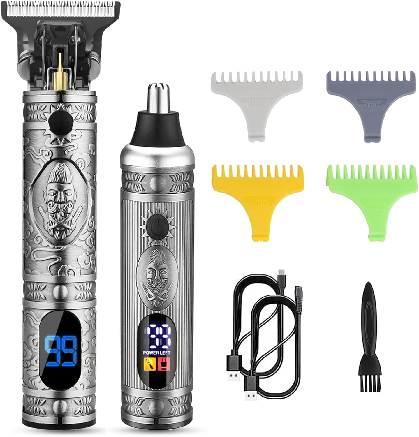 Professional Hair Trimmer for Men & Nose Hair Trimmer Set, Zero Gapped T-Blade Trimmer Rechargeable Shaver Kit, Cordless Beard Trimmer for Men, Men's Hair Clipper Grooming Kit, LCD Display (Silver)