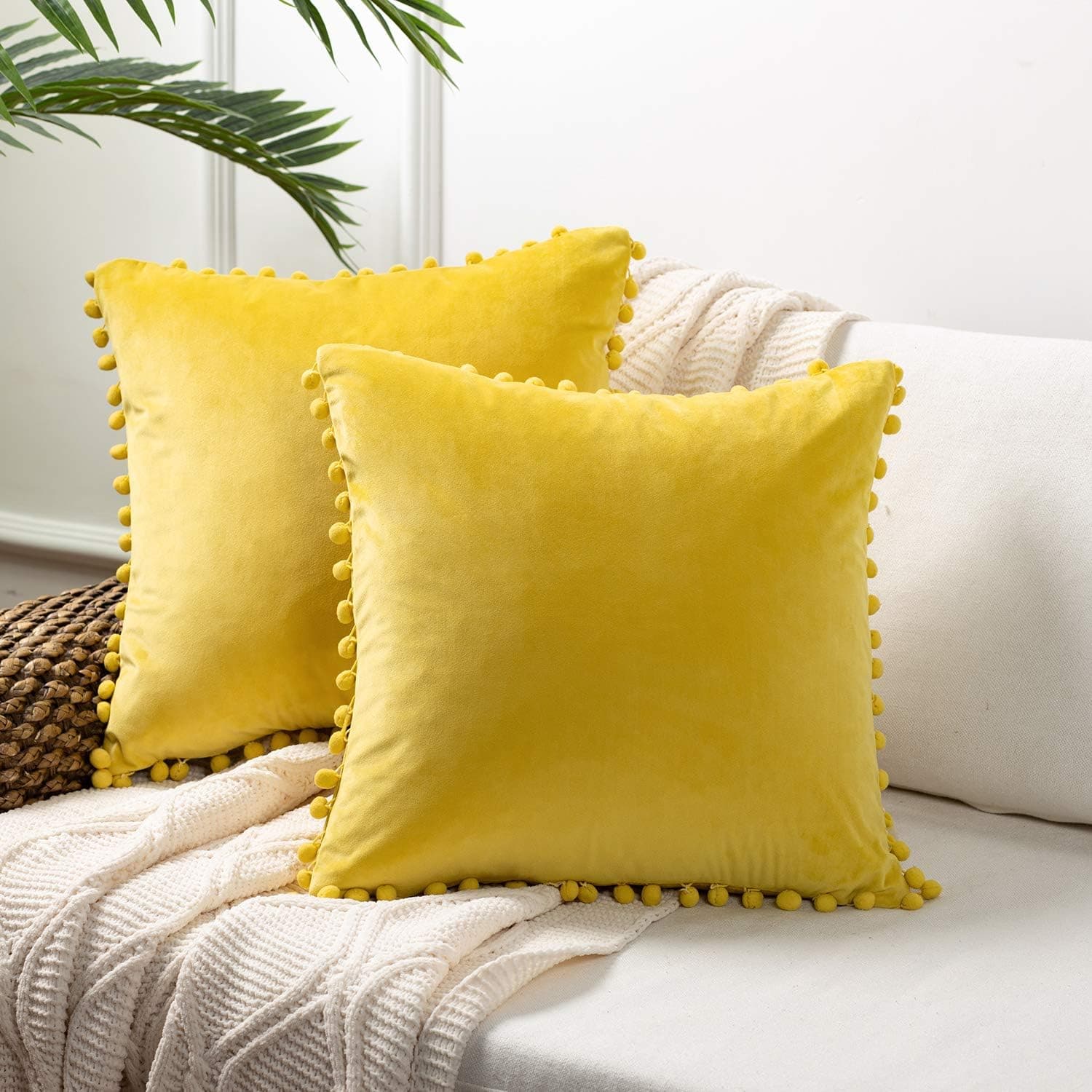 Azume 18x18-inch Decorative Throw Pillow Covers | Pom-poms Cute Cushion Cover | Furry Accent Pillows Cover for Couch, Bed, Living Room, Sofa, Set of 2 Velvet Pillow Covers, Yellow