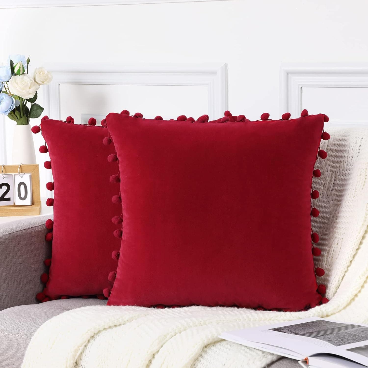 CAROMIO New Year Christmas Decortaion Velvet Pillow Covers with Pom Poms, Pack of 2 Home Decorative Throw Pillow Cases for Party Couch Sofa Bed, 18x18 Inches, Burgundy