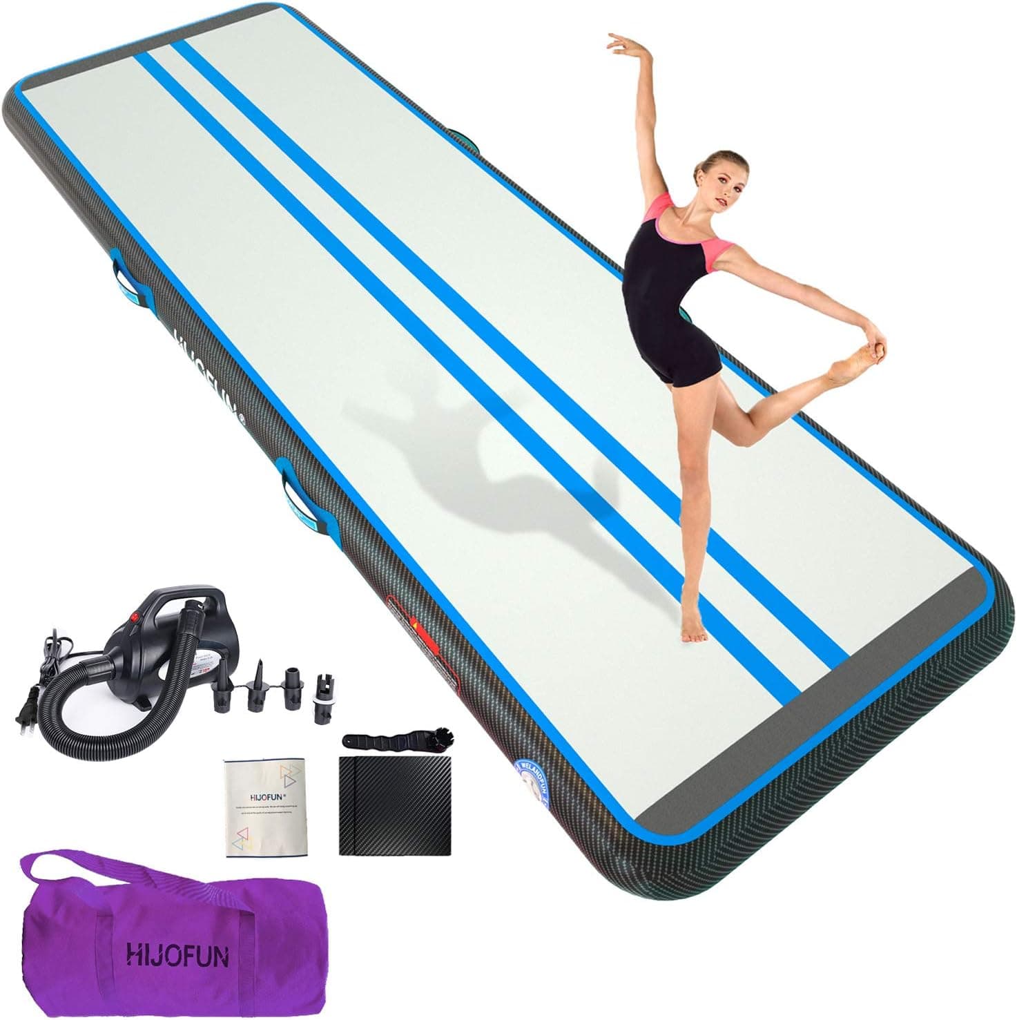 HIJOFUN Premium Inflatable Air Tumbling Track for Gymnastics Tumble Mat 10ft 13ft 16ft 20ft 4 in 8 inces thick with 650W Electric Air Pump for Home Kids/Gym/Yoga/Training/Cheerleading/Outdoor/Pool/Beach