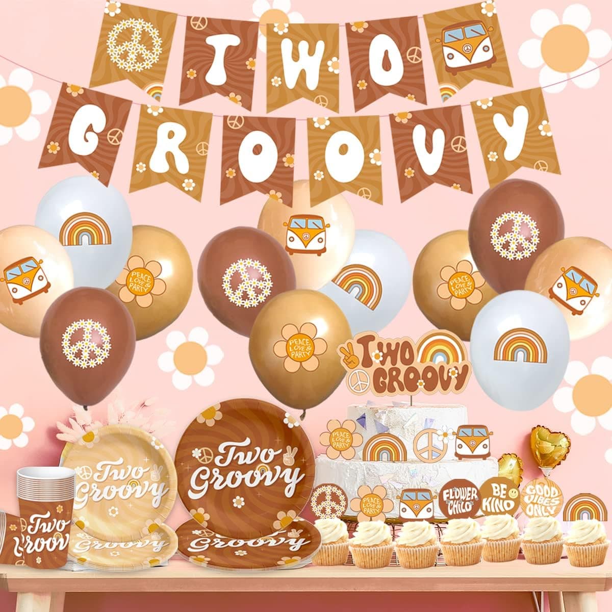 78Pcs Two Groovy Party Decorations-2nd Birthday Decorations for Girl with Hippie Boho Theme Cake Toppers,Balloons,Two Groovy Banner,Plates and Cups
