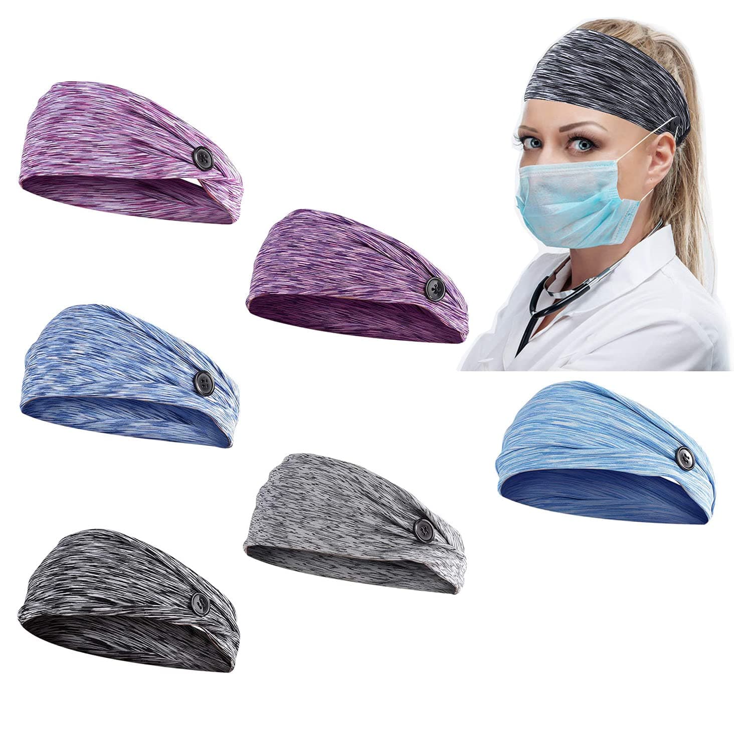 6Pcs Button Headbands Set, Non Slip Elastic Headbands Moisture Wicking Sweatband Sports Head Wrap Protect Your Ears for Yoga Sports Outdoor Activities