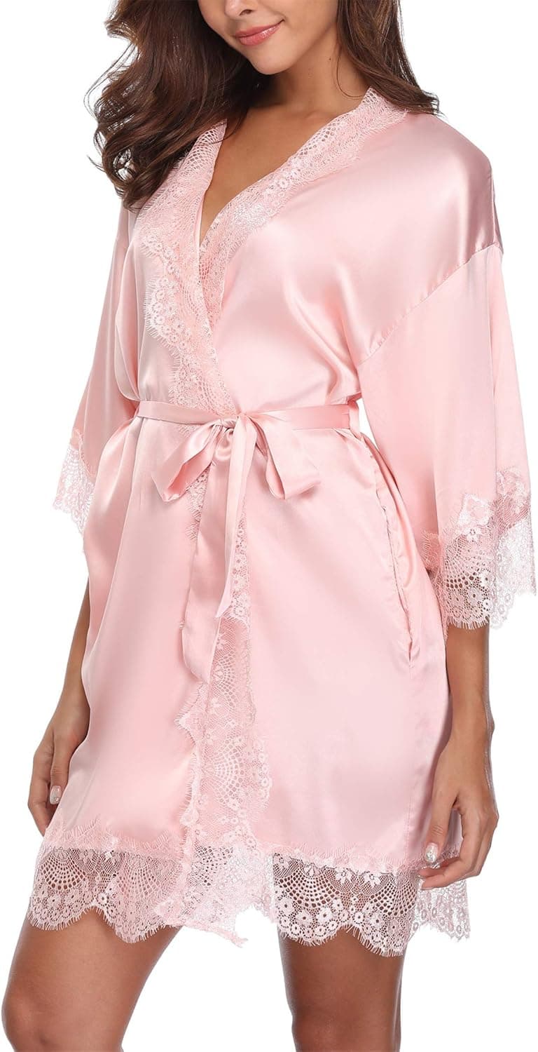 Women's Brial Shower Robe with Lace Trim Satin Kimono Bathrobe Wedding Party Gown