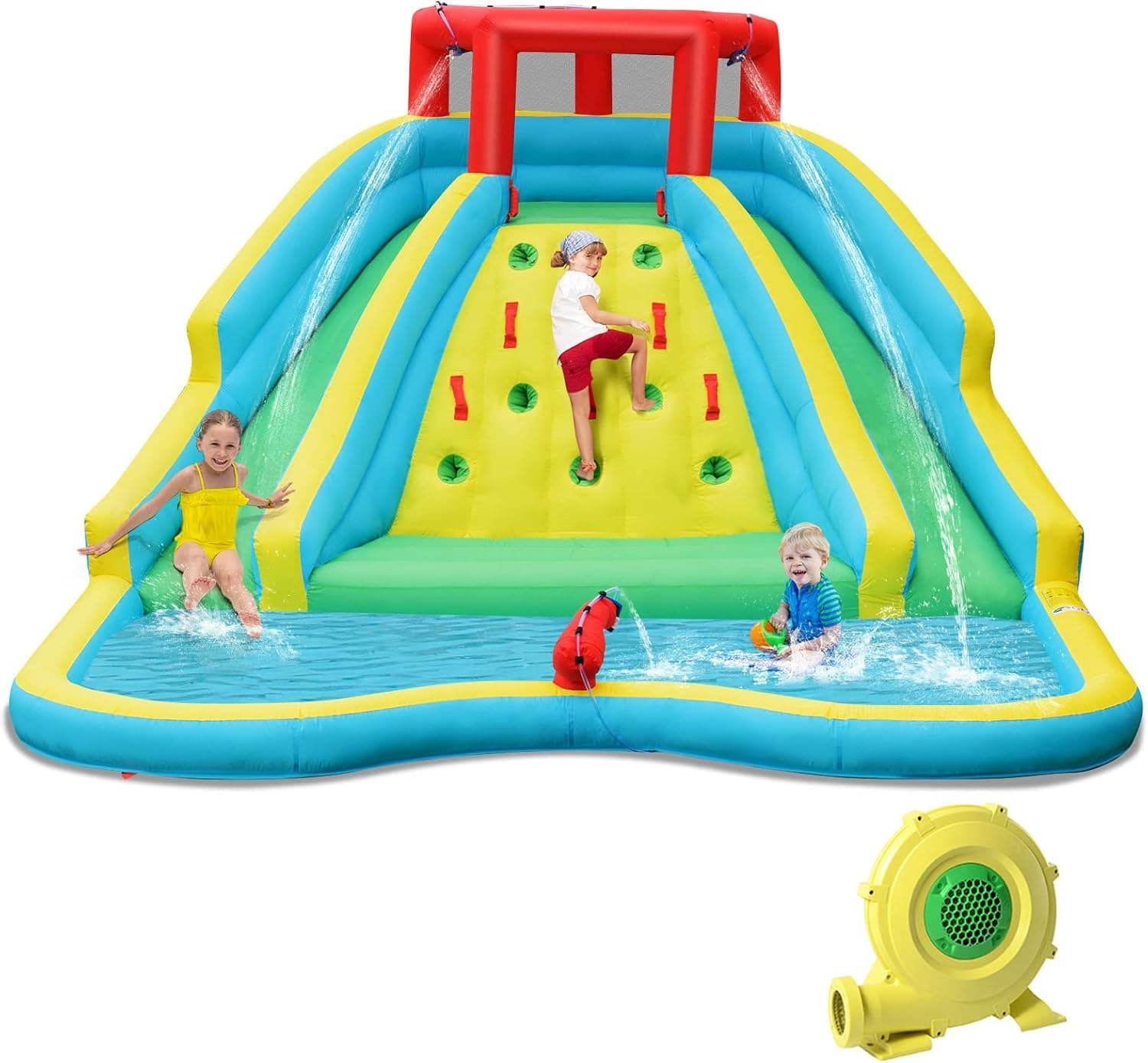 HONEY JOY Inflatable Water Slide, Giant Kids Water Park w/ 2 Long Slides & Climbing Wall, Water Hoses & Cannon, Large Splash Pool, Outdoor Blow Up Waterslides for Backyard(with 750w Blower)