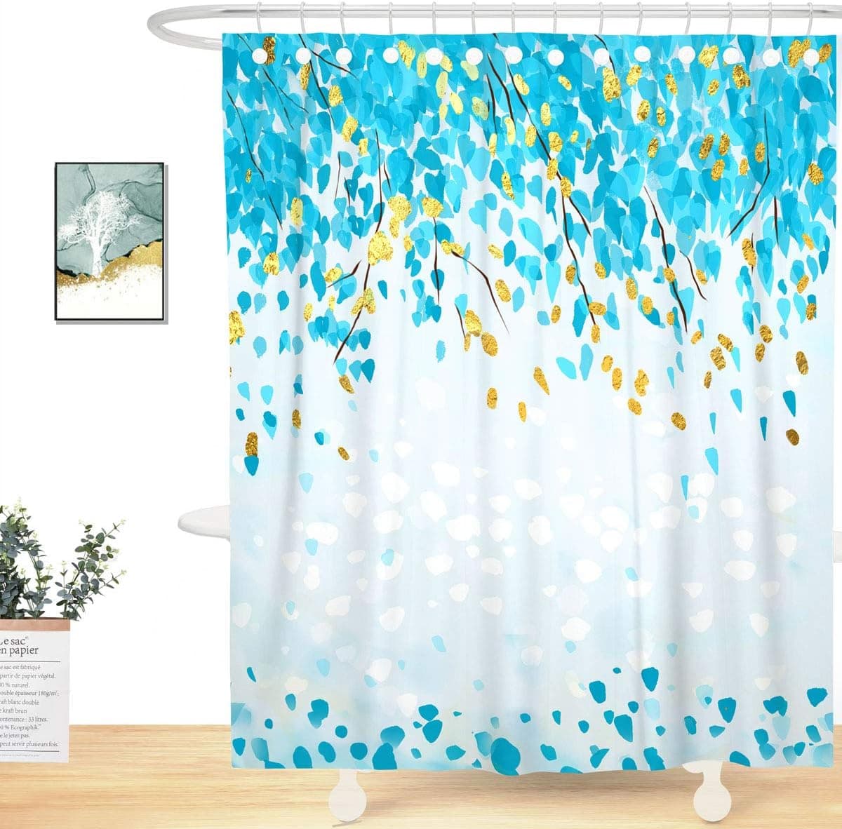 Mordern Art Abstract Blue Green Falling Leaves in Forest Fabric Shower Curtain, Unique Design Aqua Curtain for Bathroom Decor Machine Washable 71" x 71" , Teal